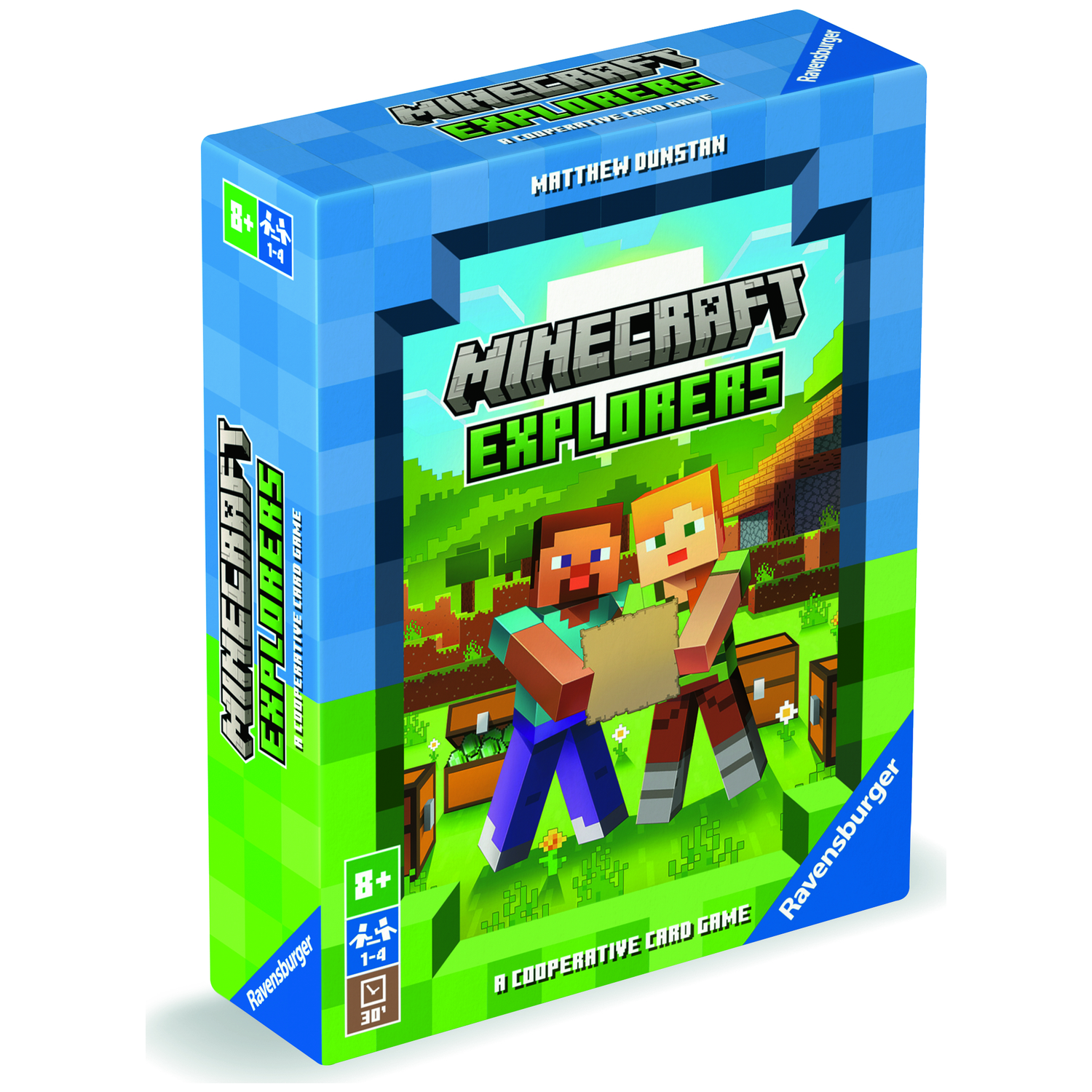 Minecraft Explorers speldoos. Twee gepixeleerde personages staan in een Minecraft-landschap. De doos is blauw en groen.