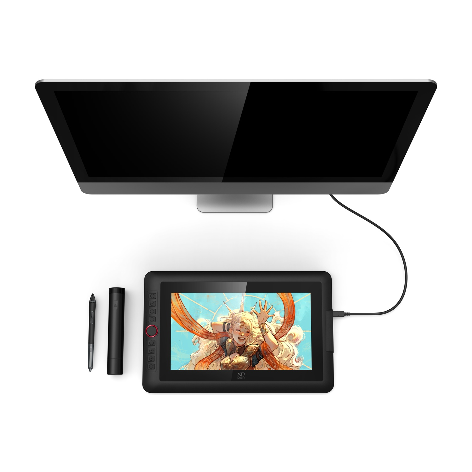 Vista dall'alto di un tablet da disegno con arte sullo schermo, un monitor sopra e penna e supporto.