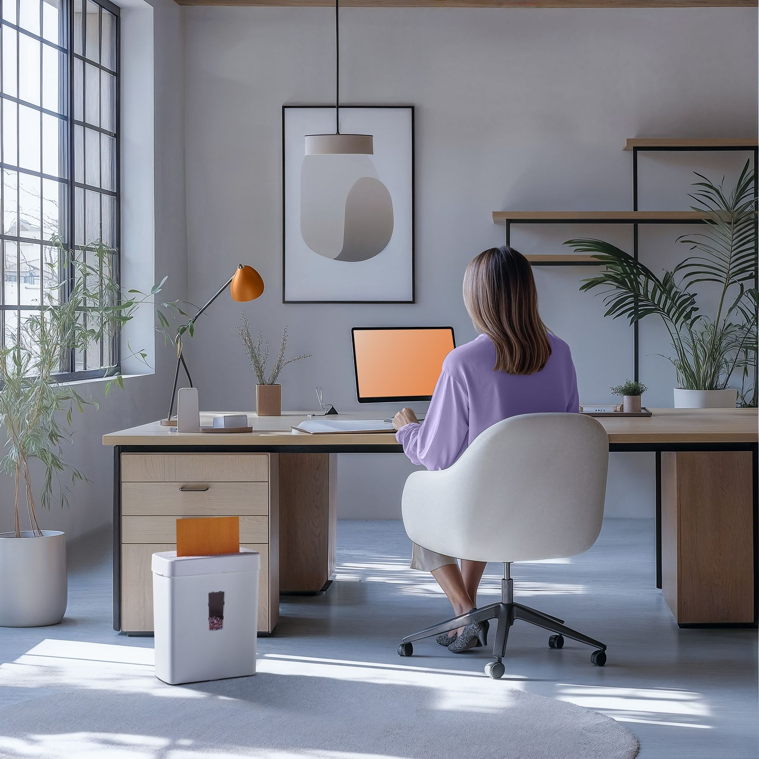 Una donna è seduta a una scrivania in un ufficio, di fronte a un computer. Un tritacarte è a sinistra. Piante e una finestra sono sullo sfondo.