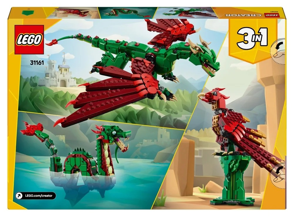 Zestaw LEGO Creator 3 w 1. Zawiera zielonego smoka, czerwonego feniksa i węża morskiego. Tło przedstawia zamek i góry.