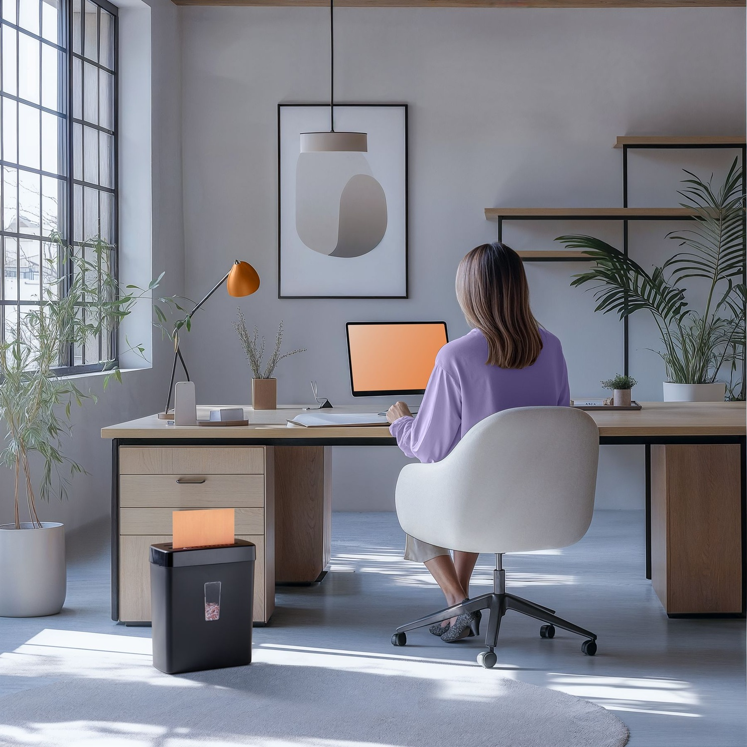 Una donna è seduta a una scrivania in un ufficio. C'è un computer, una lampada, un tritadocumenti, piante e una finestra.