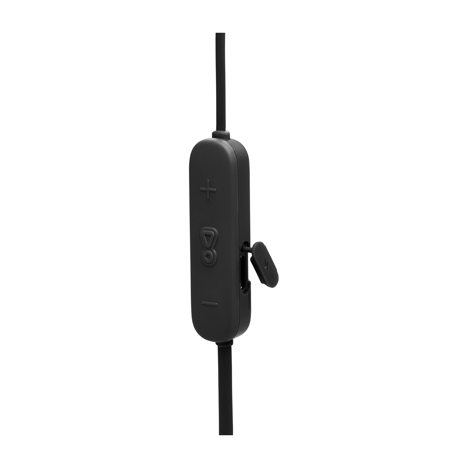 Primo piano di un telecomando in linea nero con pulsanti più, meno e play/pausa. Un piccolo sportello mostra una porta di ricarica.