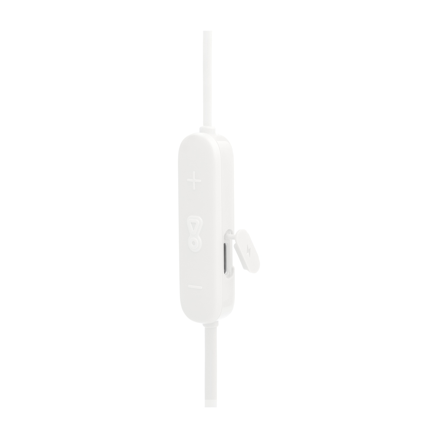 Primo piano del controllo bianco degli auricolari. Ha pulsanti più, meno e accensione, con una porta di ricarica.