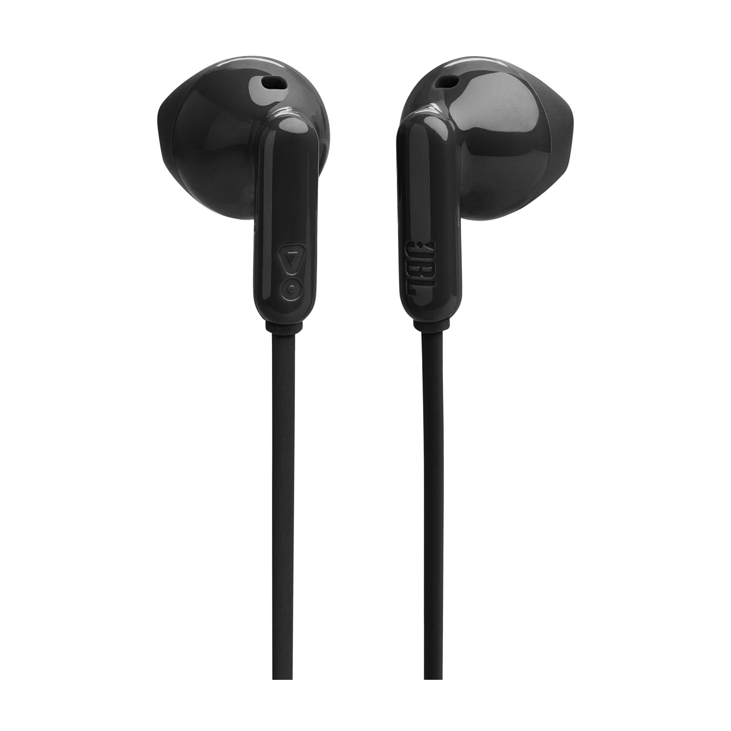 Due auricolari JBL neri su sfondo bianco. Ogni auricolare ha una forma arrotondata con un gambo. Il cavo è nero.