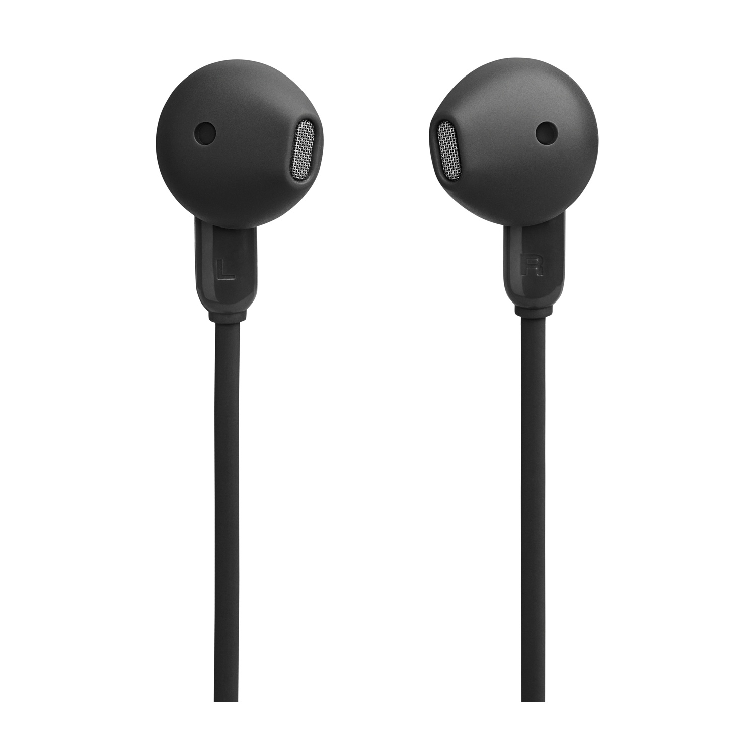 Due auricolari neri su sfondo bianco. Ognuno ha un auricolare circolare con uno schermo a rete e un sottile filo nero.