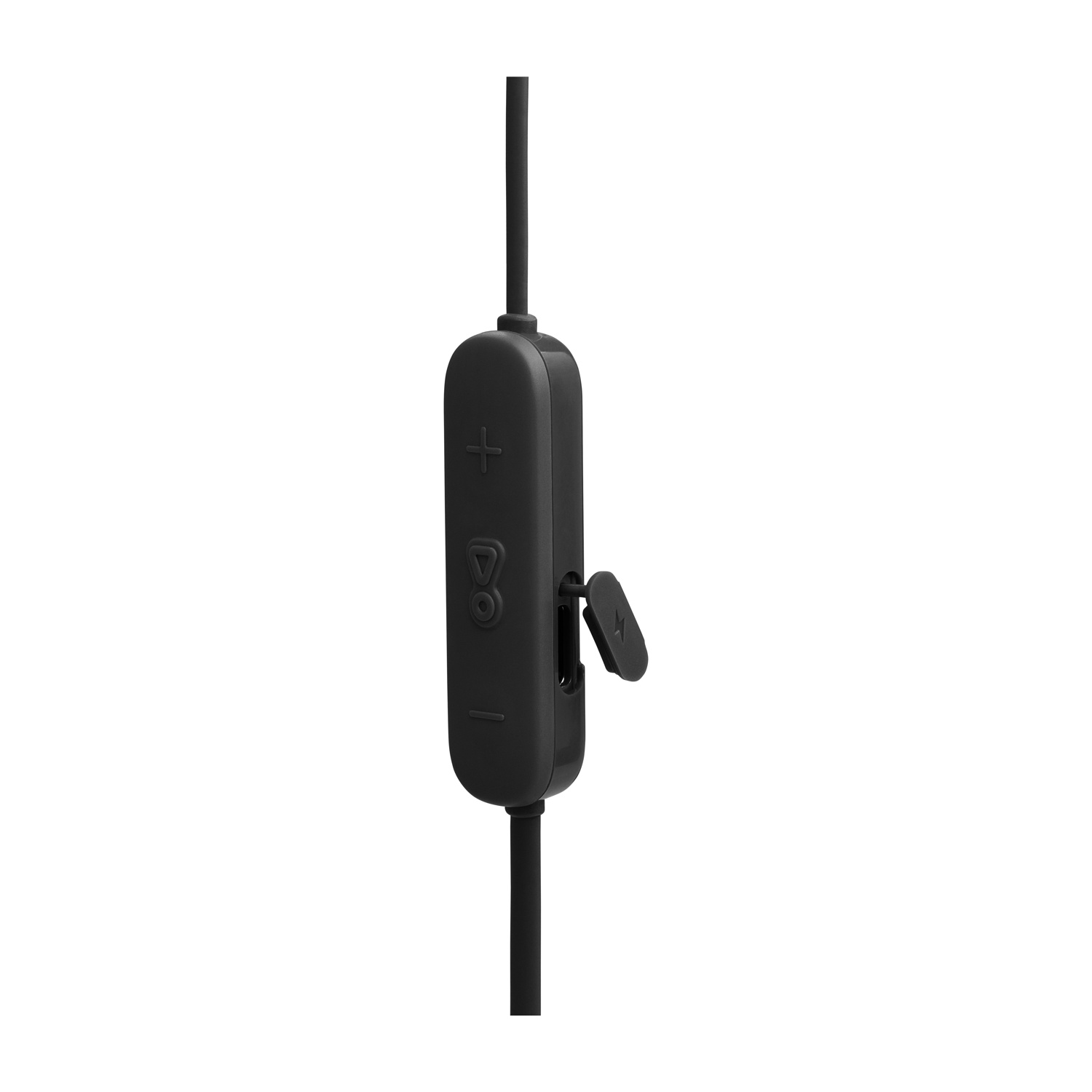 Primo piano di un telecomando in linea nero con pulsanti più, meno e riproduci/pausa. Un piccolo coperchio è aperto.