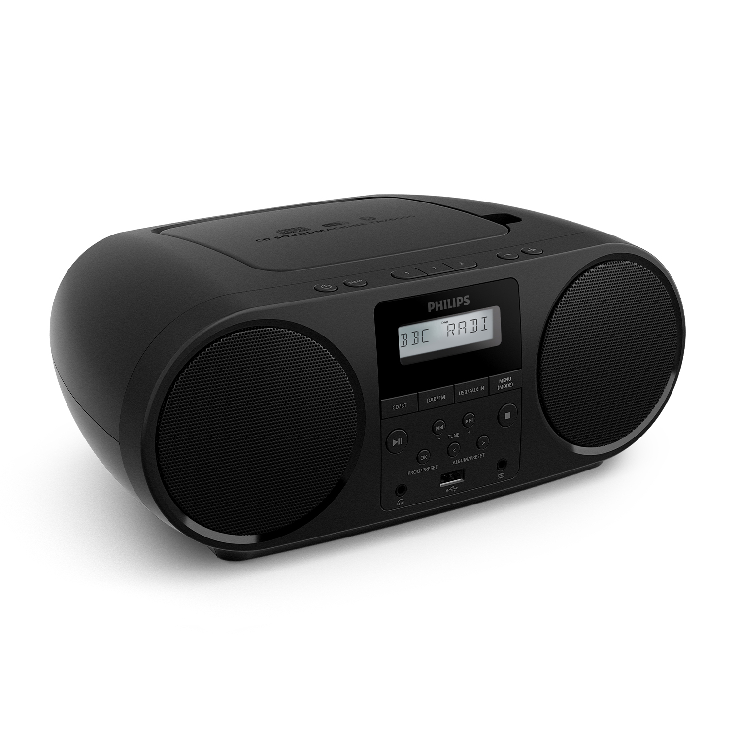 Ein schwarzer Philips-Boombox zeigt 'BBC RADIO'. Es hat zwei Lautsprecher, einen CD-Player und verschiedene Tasten zur Steuerung.