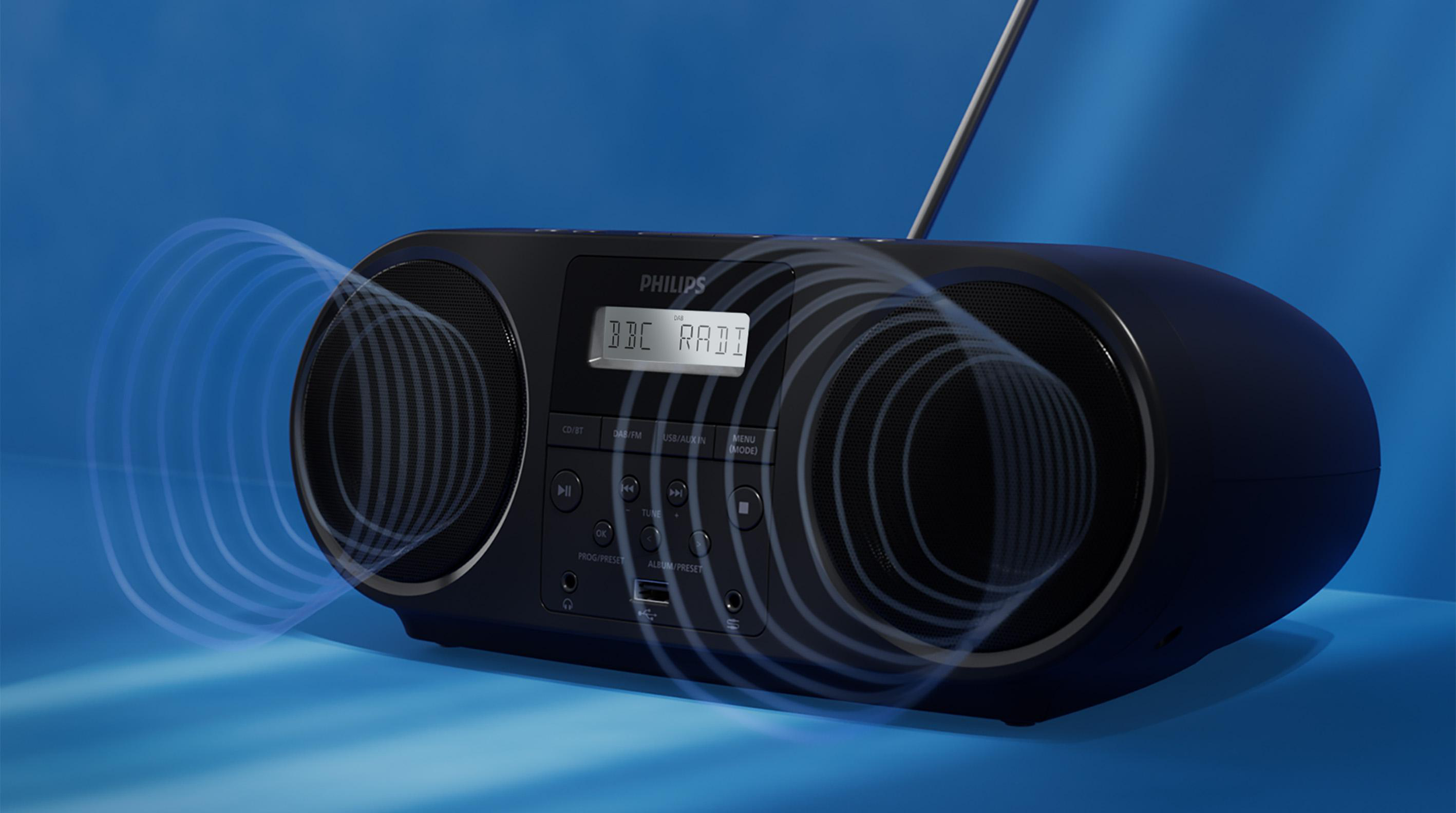 Schwarzes Philips-Radio mit BBC Radio-Anzeige. Blaue Schallwellen gehen von den Lautsprechern aus.