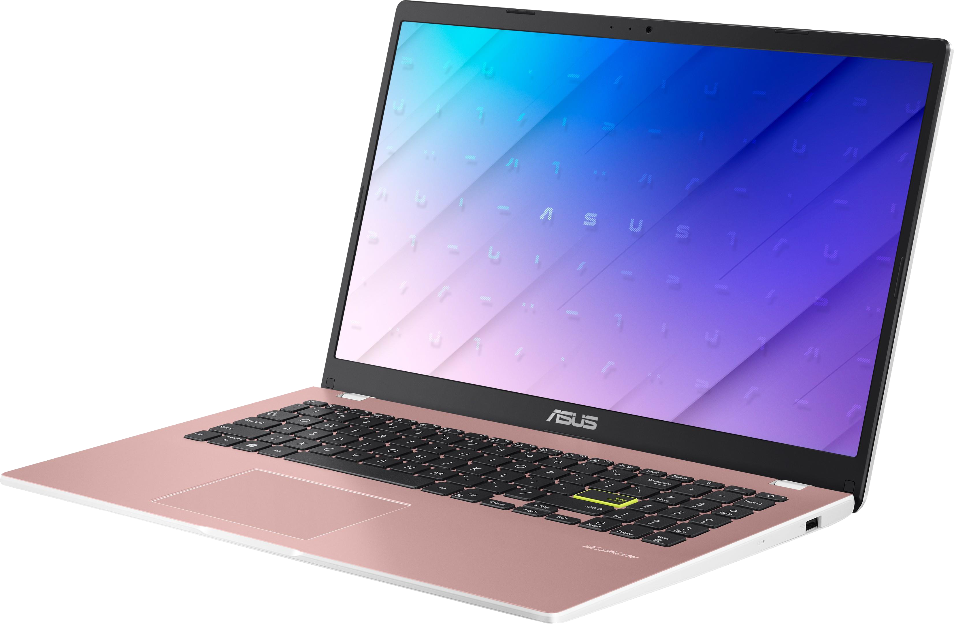 Egy rózsaarany laptop nyitva, kék-lila színátmenetes képernyővel. Fekete billentyűzet és fehér keret. ASUS logó látható.