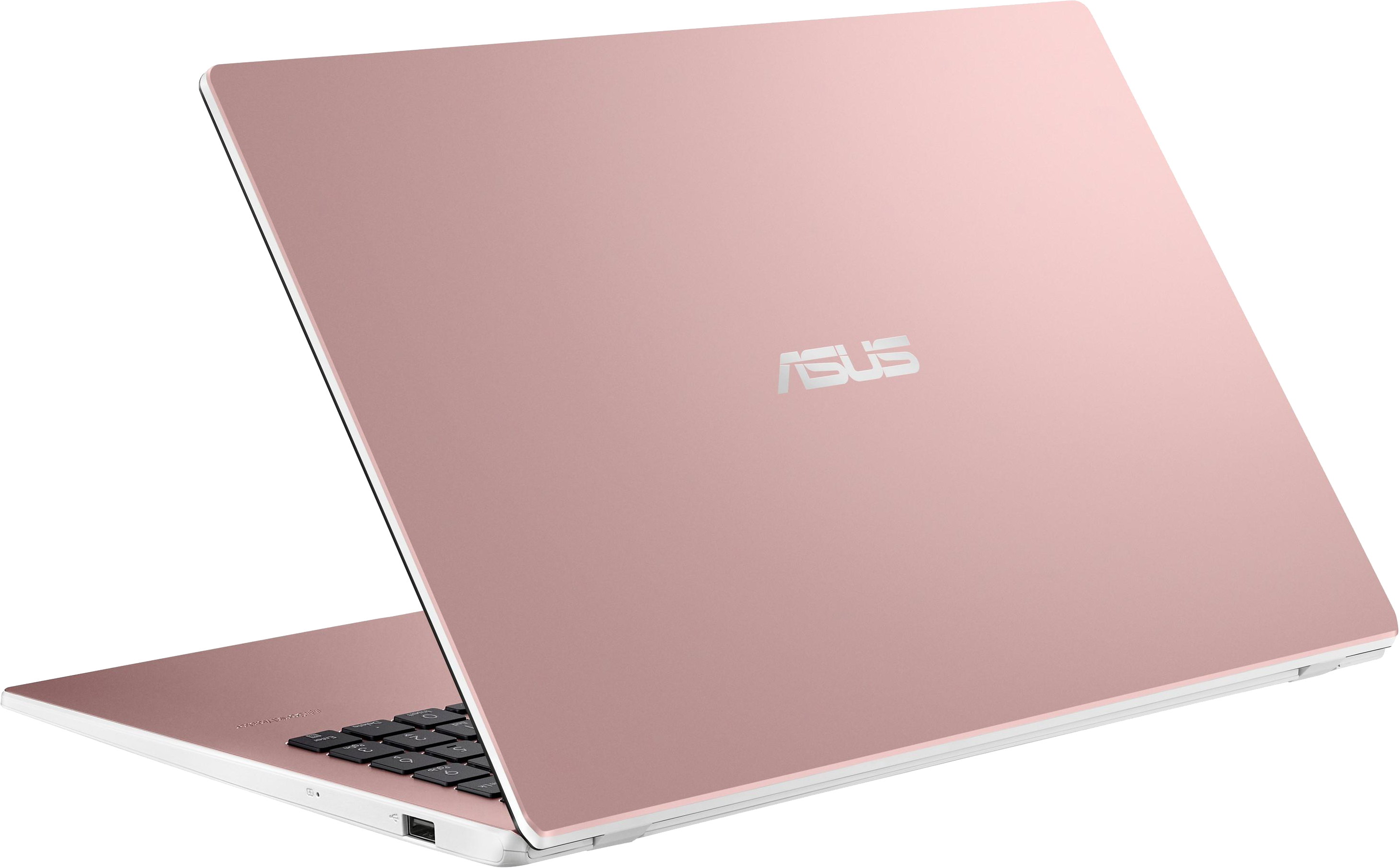 Egy rózsaszín laptop, csukva, kissé nyitva. Látható az Asus logó. A billentyűzet sötét.