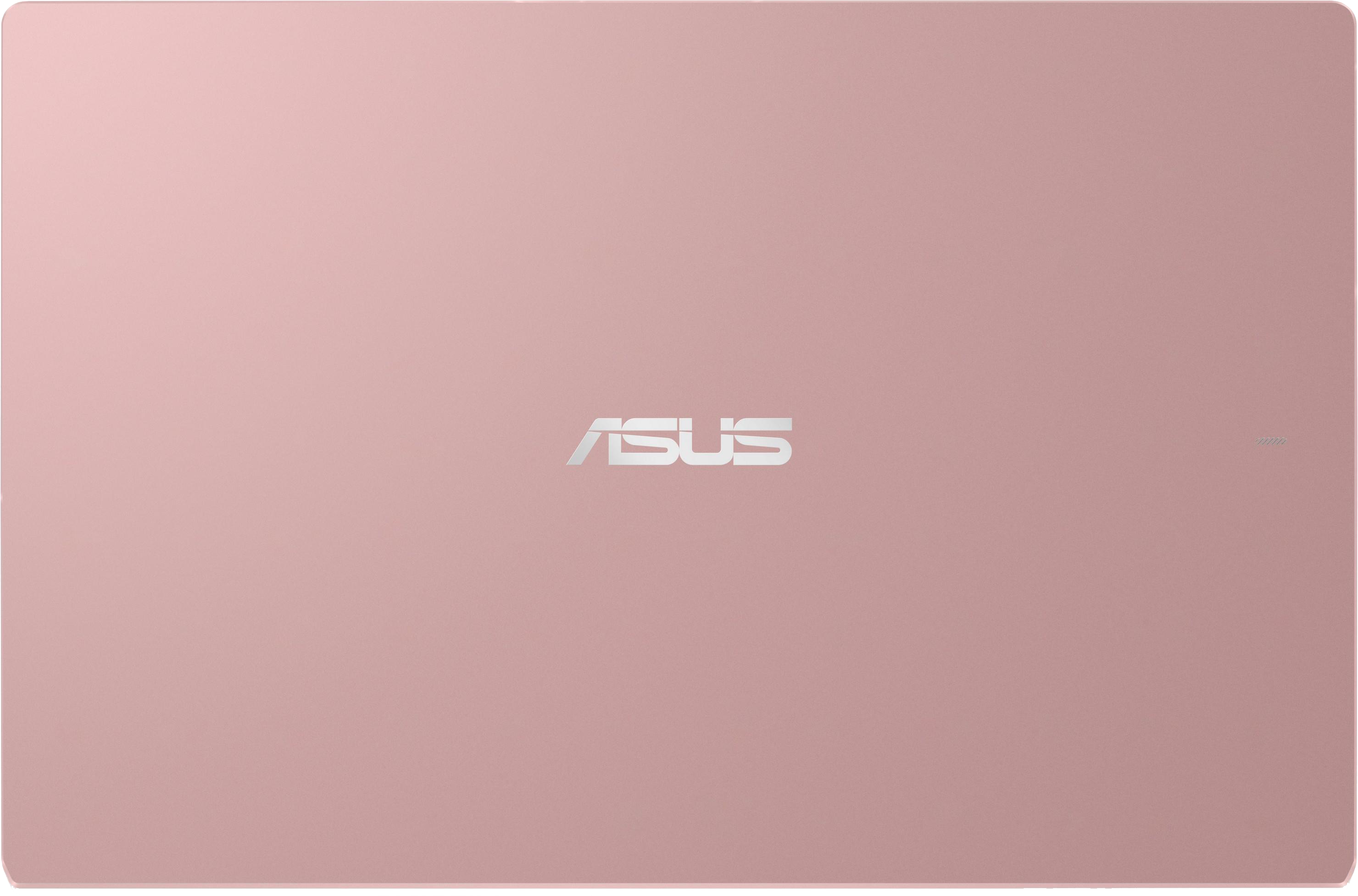 Rózsaszín-arany laptopfedél középen az ASUS logóval. A felület sima és matt.