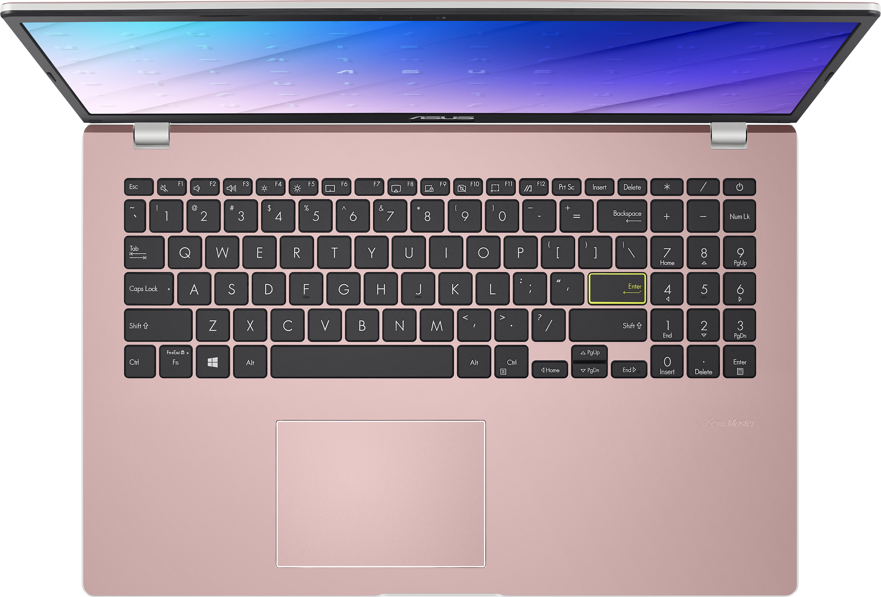 Felülnézet egy rózsaszín laptopról, billentyűzettel és képernyővel.