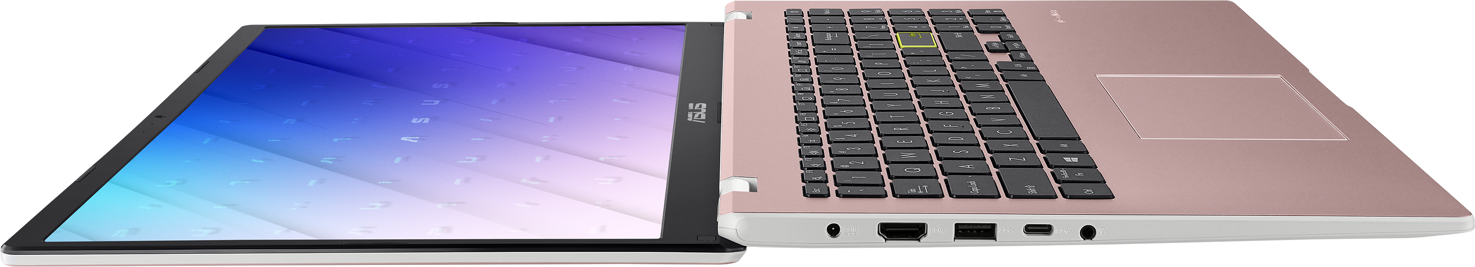 Rózsaszín arany laptop, nyitva, a képernyőt és a billentyűzetet mutatja. A képernyő kék-fehér átmenettel rendelkezik. A billentyűzet fekete.