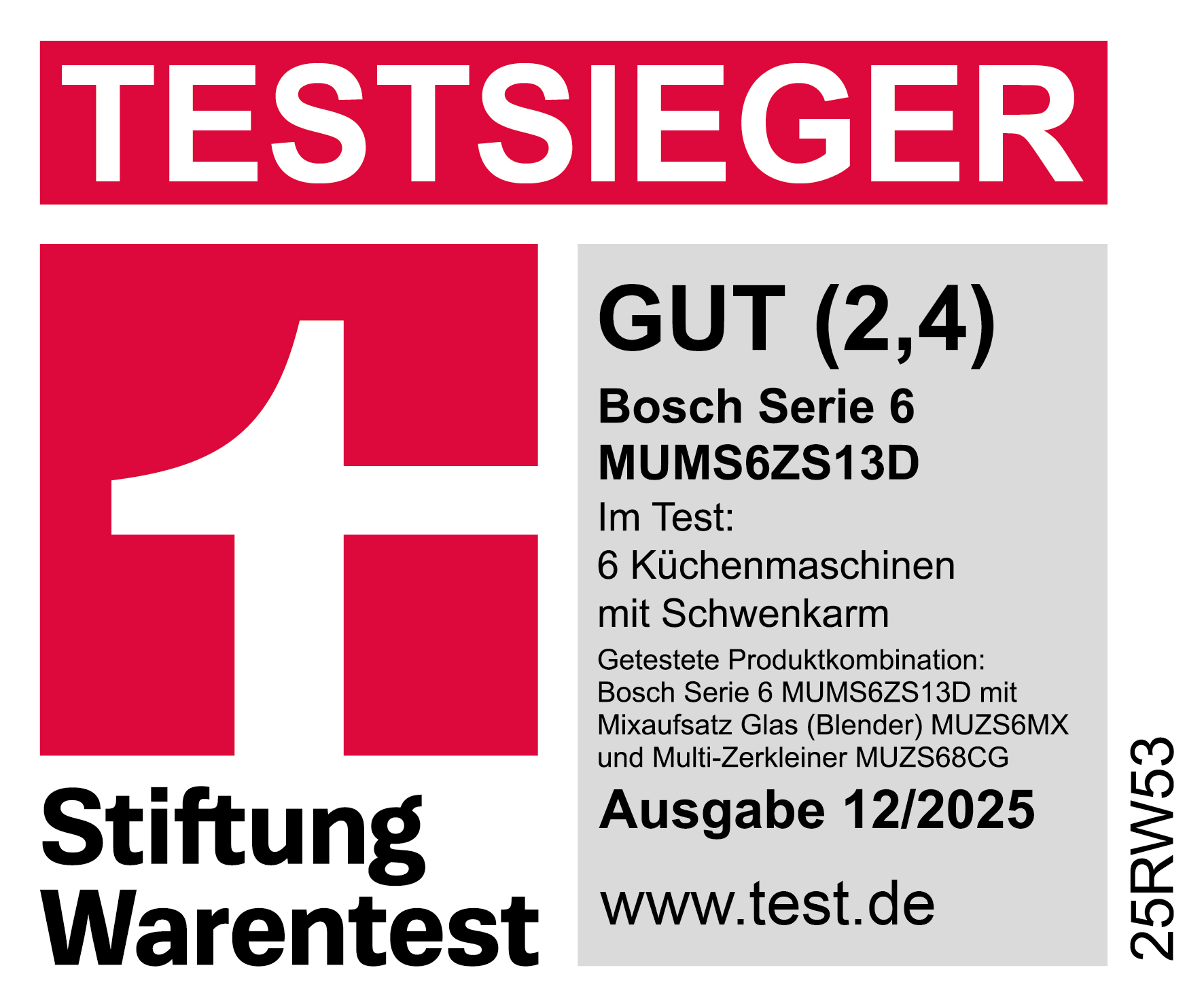 Das Bild zeigt ein rot-weißes Logo mit dem Text 'TESTSIEGER' und 'GUT (2,4)'. Es hat auch 'Stiftung Warentest'.