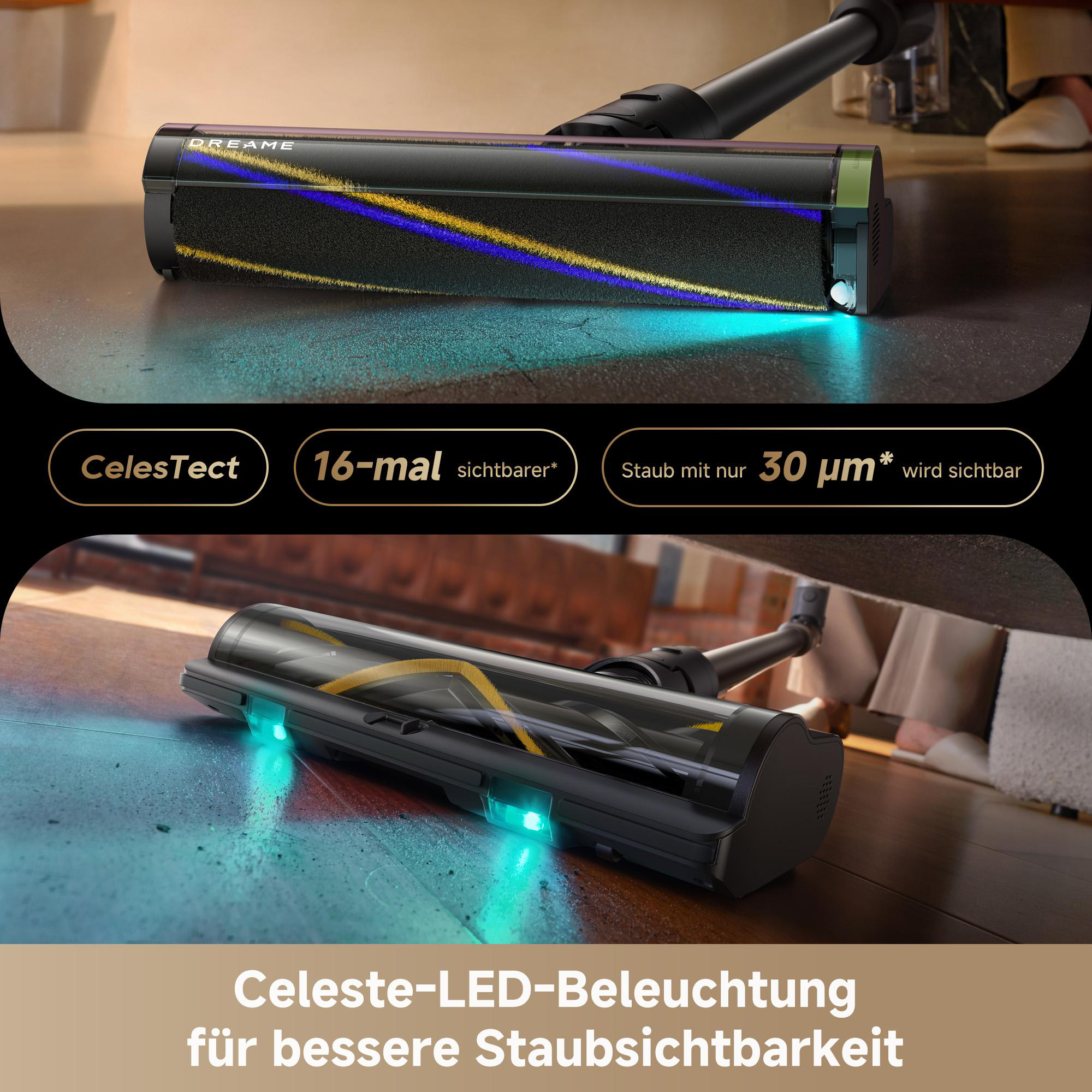 Ein schwarzer Staubsaugerkopf mit blauen und gelben Borsten, mit Fokus auf seine Reinigungsfähigkeiten.