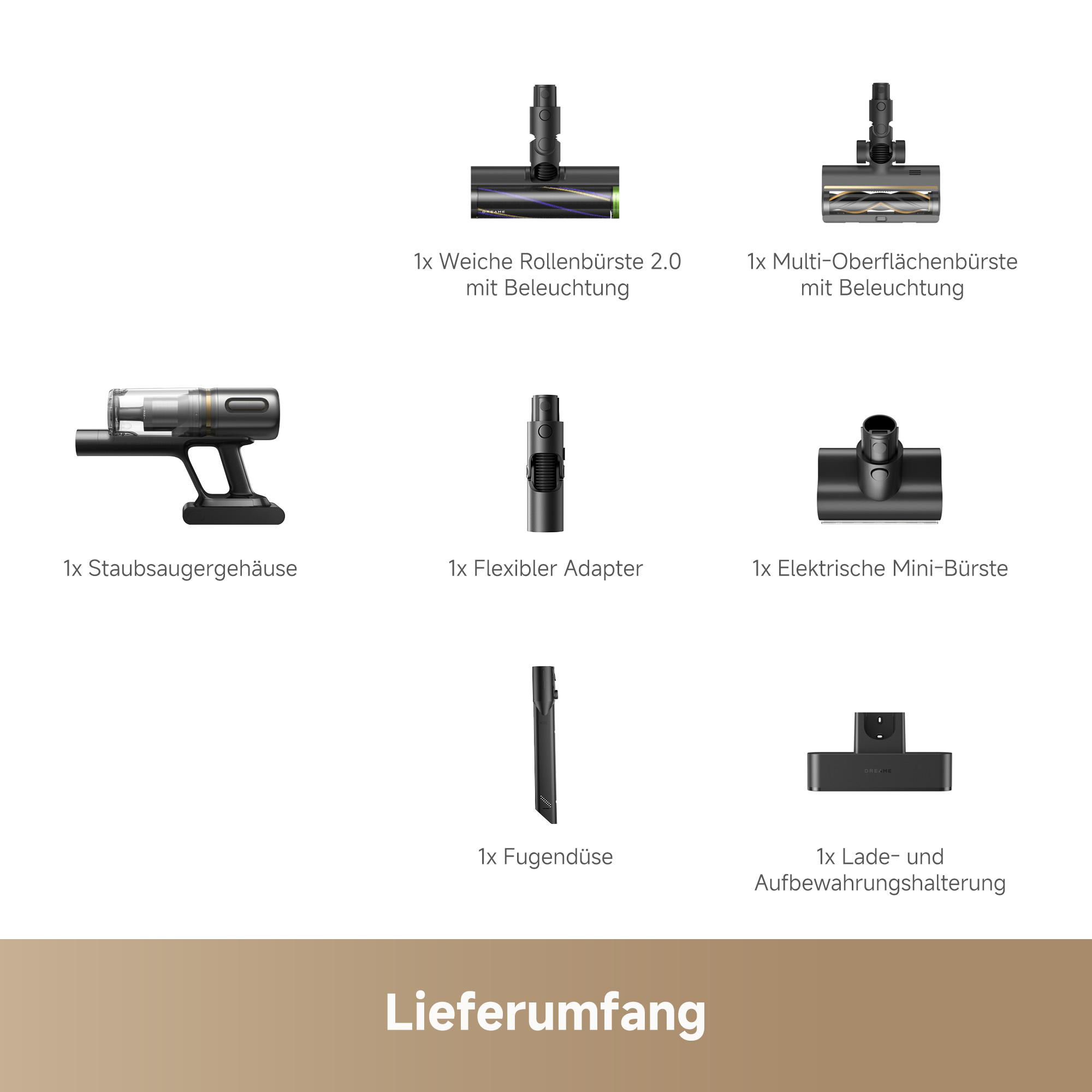 Das Bild zeigt Staubsaugerteile: Bürstenköpfe, Adapter, Mini-Bürste, Fugendüse, Ladestation und das Hauptgehäuse.