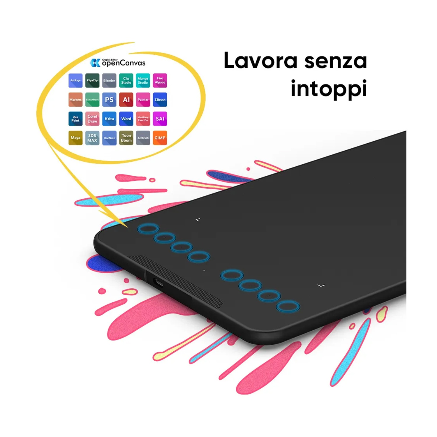 Una tavoletta grafica nera con pulsanti blu, circondata da tratti di vernice colorati. Un cerchio giallo ha loghi software.