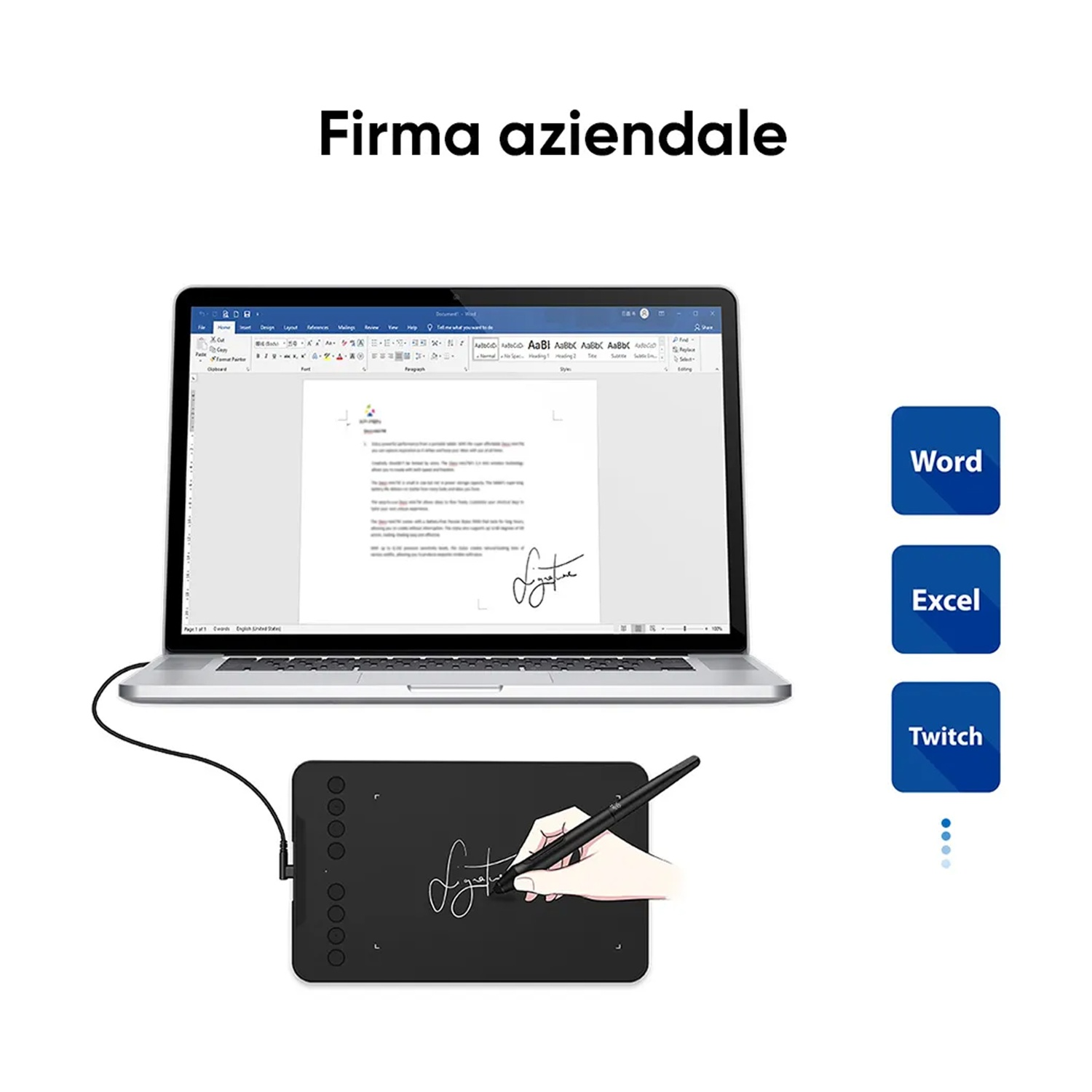 Laptop con documento e firma, collegato a tavoletta nera con penna. Pulsanti Word, Excel e Twitch a destra.