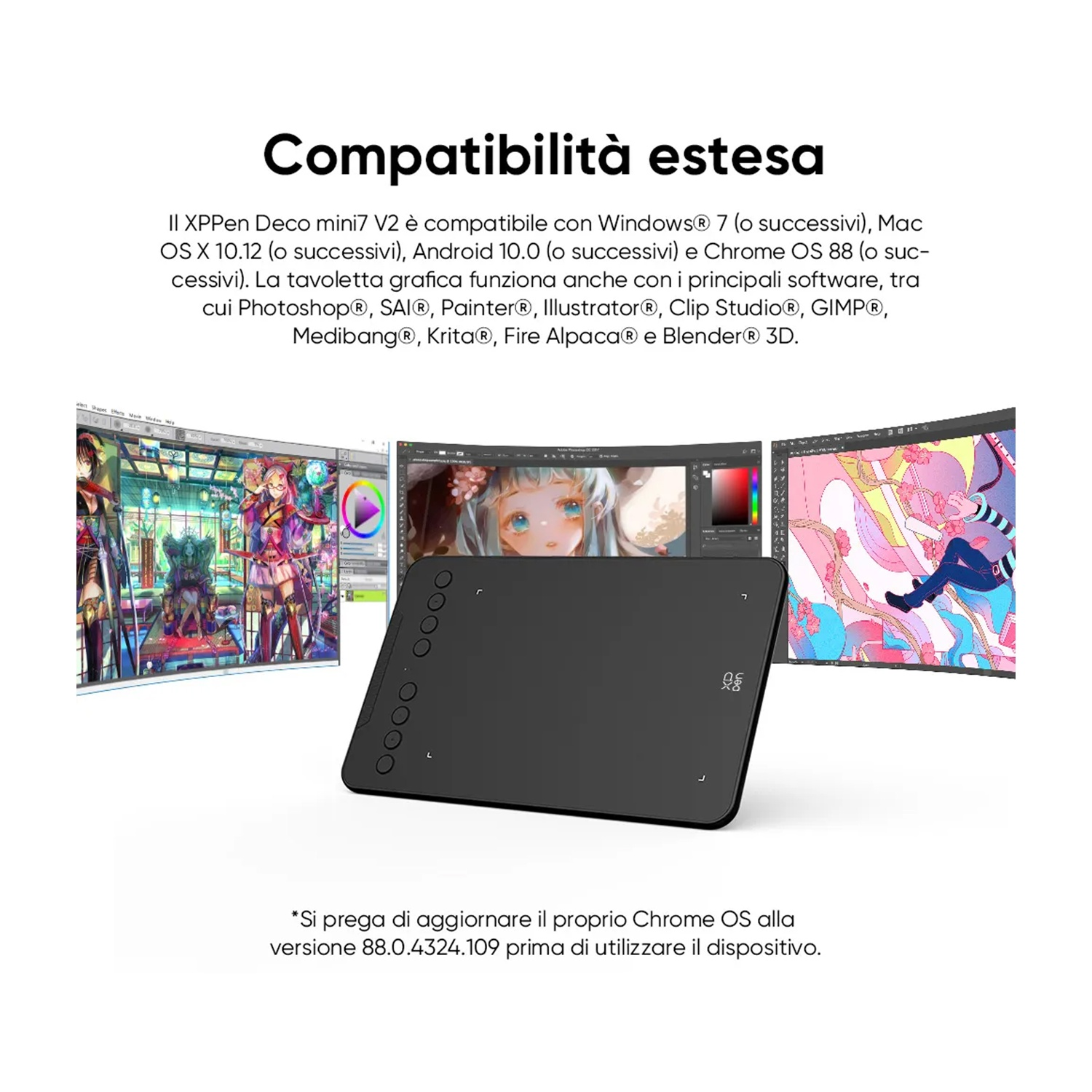 Tavoletta grafica nera con tre schermi che mostrano arte digitale. Testo dettagli sulla compatibilità.
