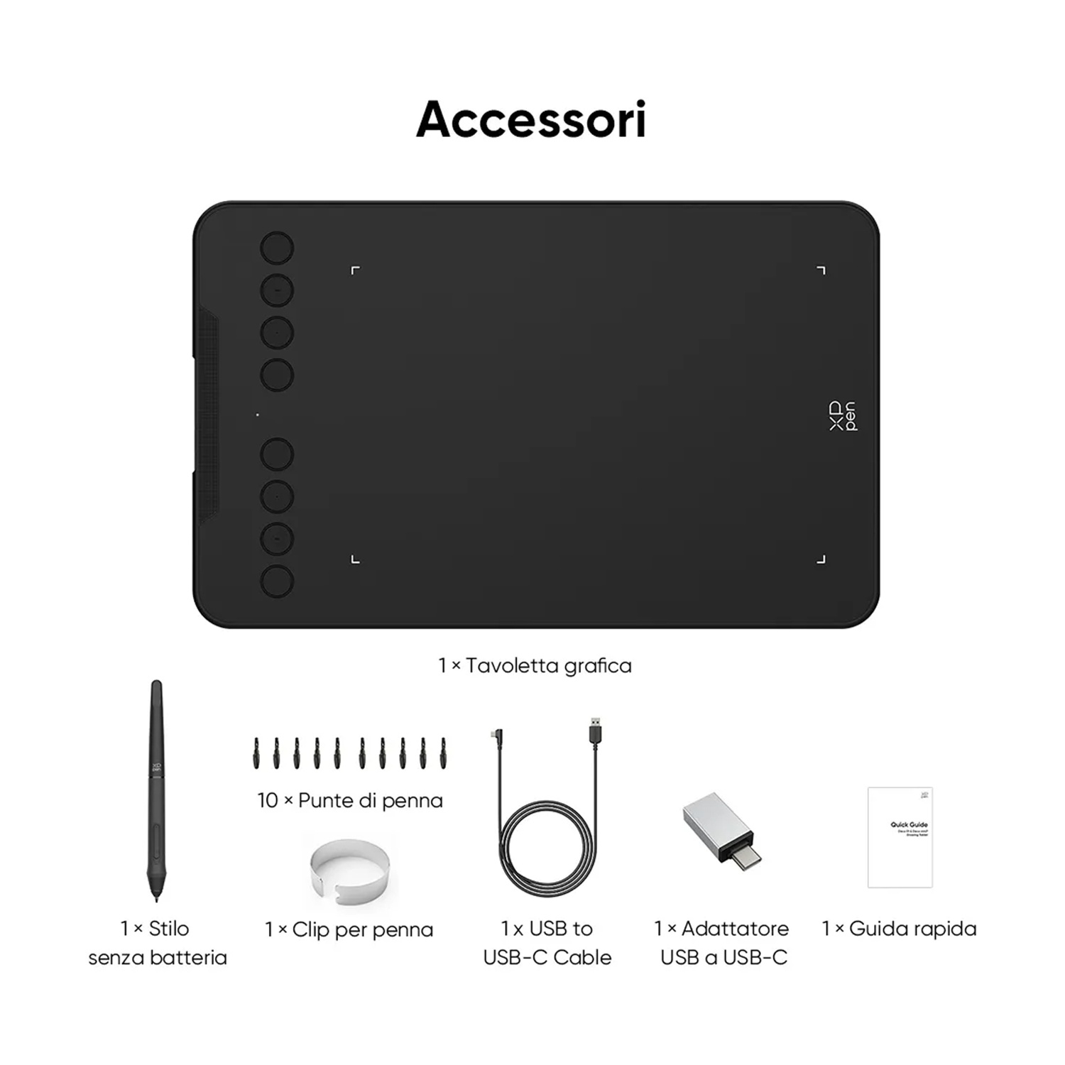L'immagine mostra un tablet da disegno nero, una penna, punte per penna, cavo USB, adattatore e guida rapida. Accessori disposti.