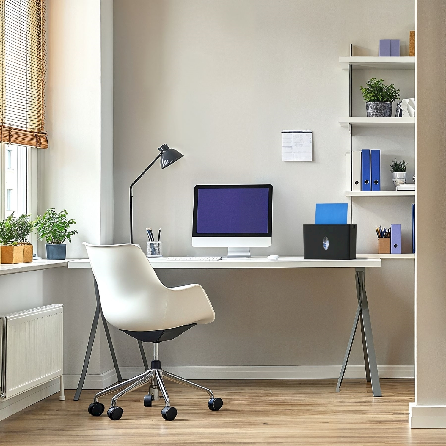 Un moderno ufficio domestico con scrivania, sedia e computer bianchi. Sono visibili una finestra con piante e una mensola con libri.