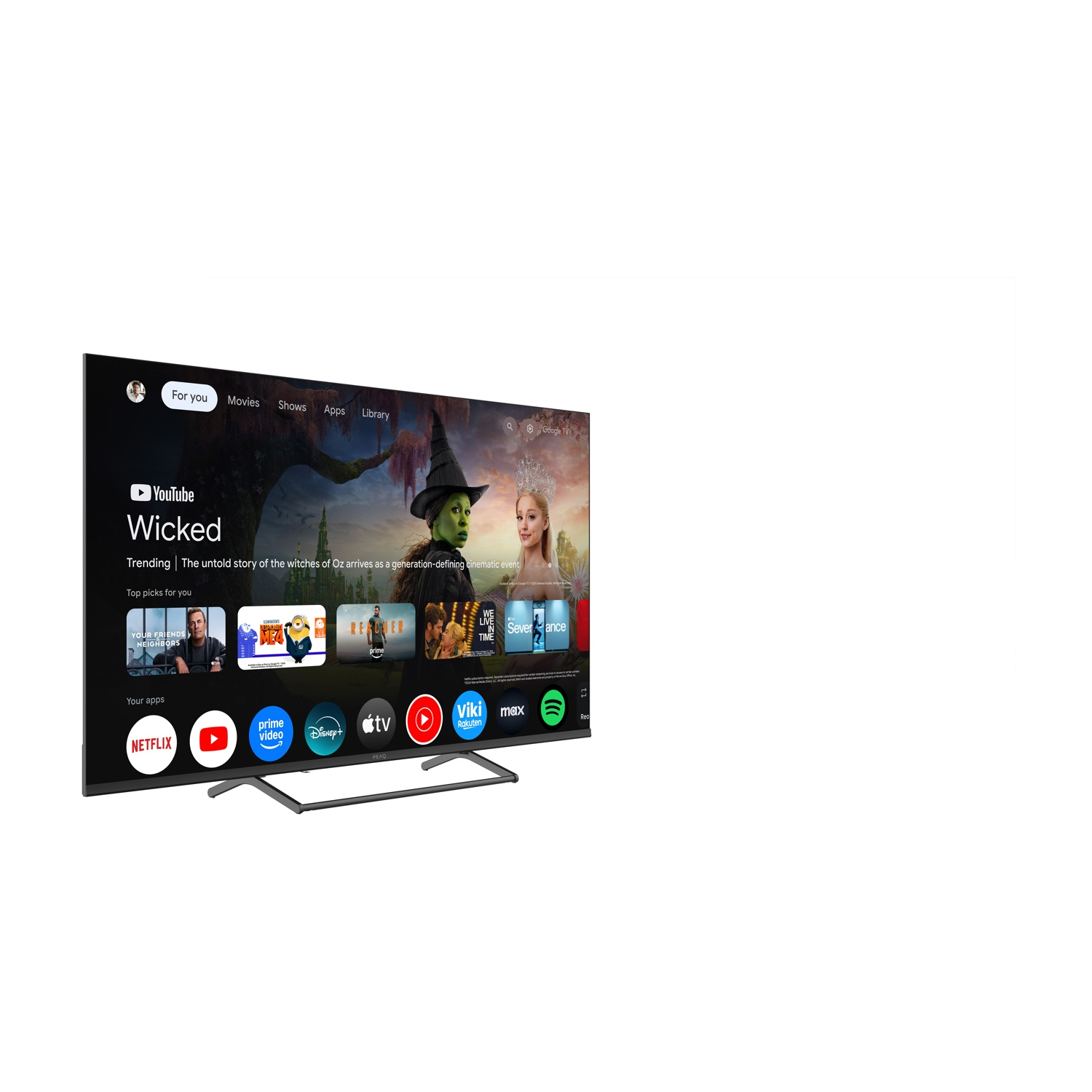 Un televisore mostra YouTube con il film 'Wicked'. Sotto, sono visibili app come Netflix, Prime Video, Disney+ e altre.