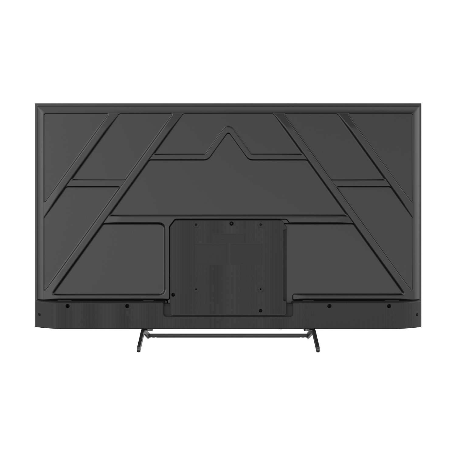 Il retro di una TV nera con motivi geometrici. Ha un supporto in basso e lo sfondo è bianco.