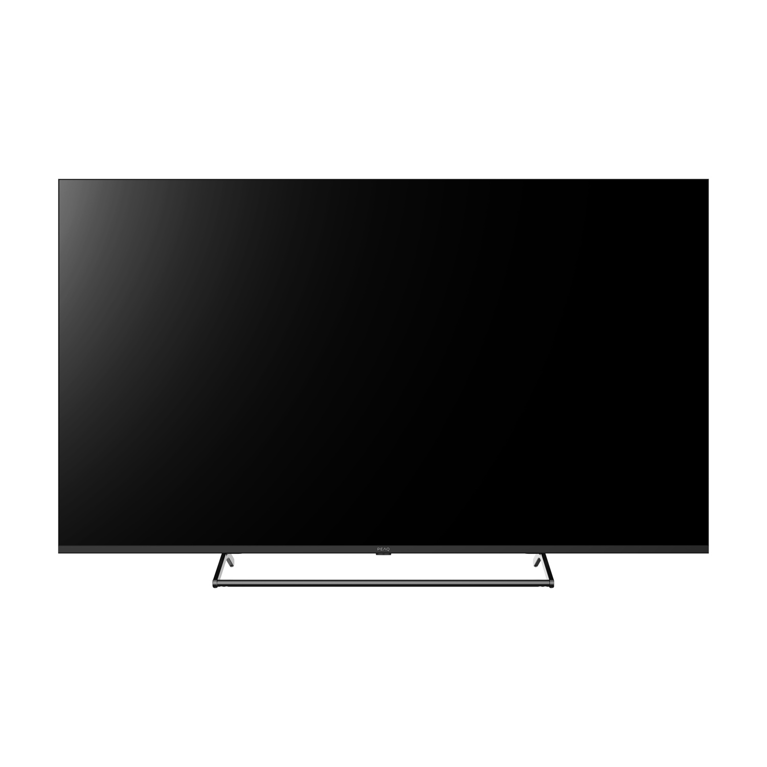 Una grande TV a schermo piatto nero su sfondo bianco. Ha gambe sottili. Lo schermo è spento.