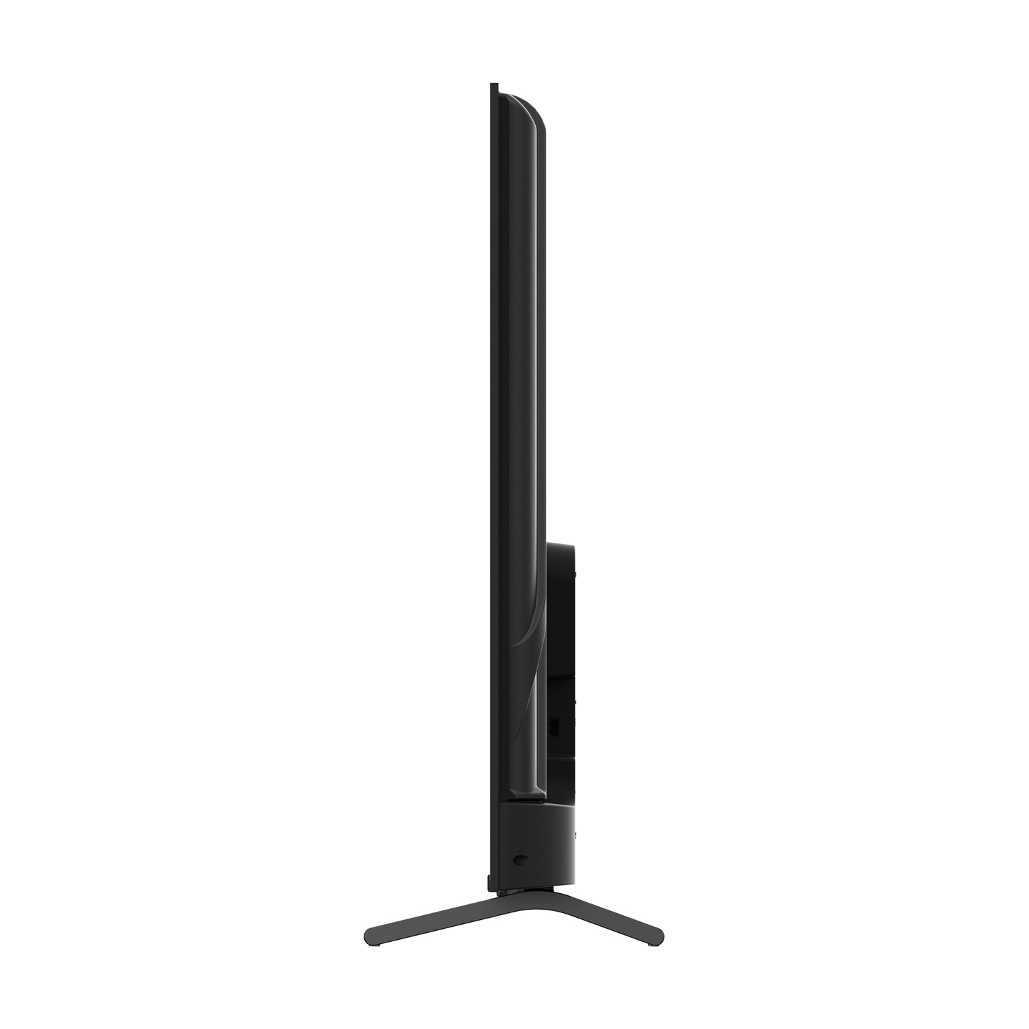 Vista laterale di una TV a schermo piatto nero. È in piedi su un supporto scuro contro uno sfondo bianco.