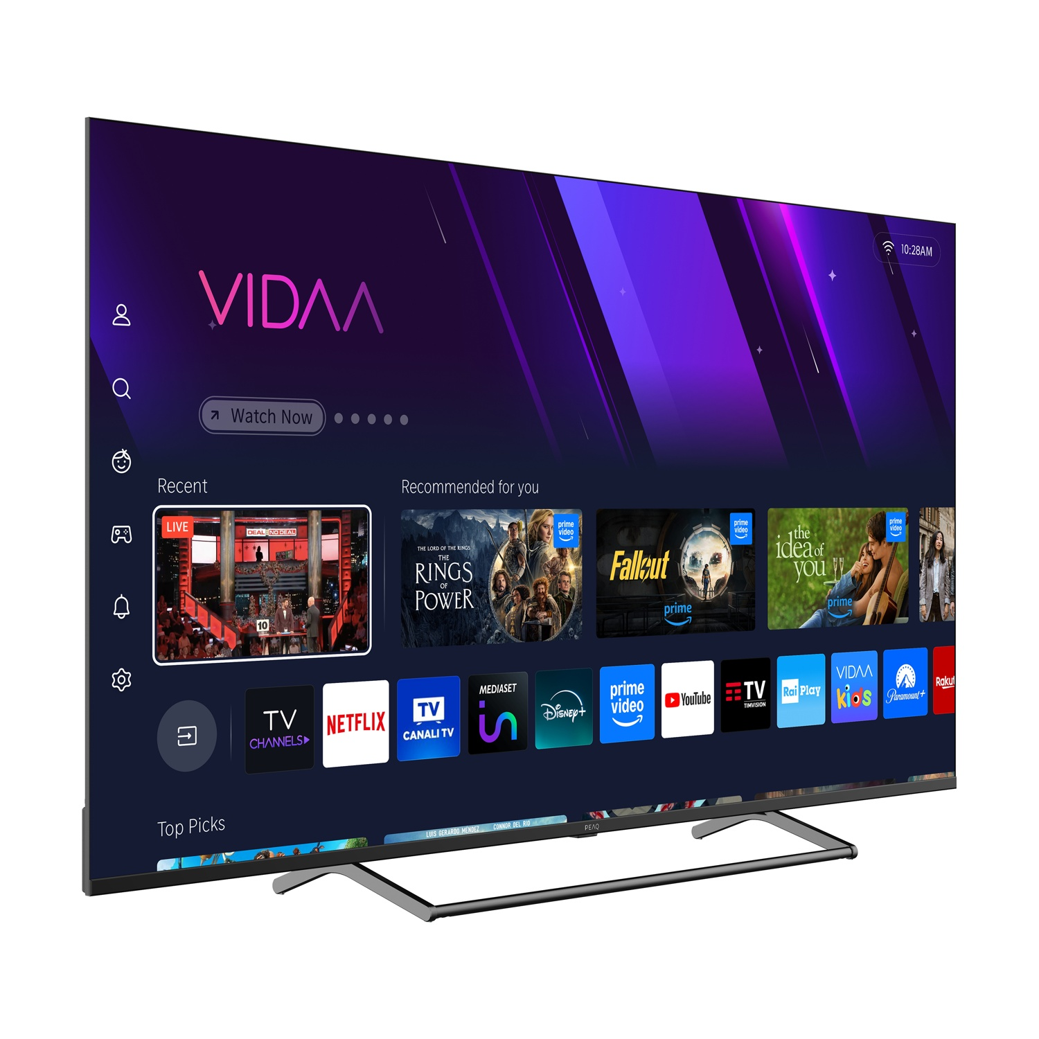 Un televisore a schermo piatto mostra un'interfaccia VIDAA. Mostra varie app e servizi di streaming, tra cui Netflix, Prime Video e YouTube.