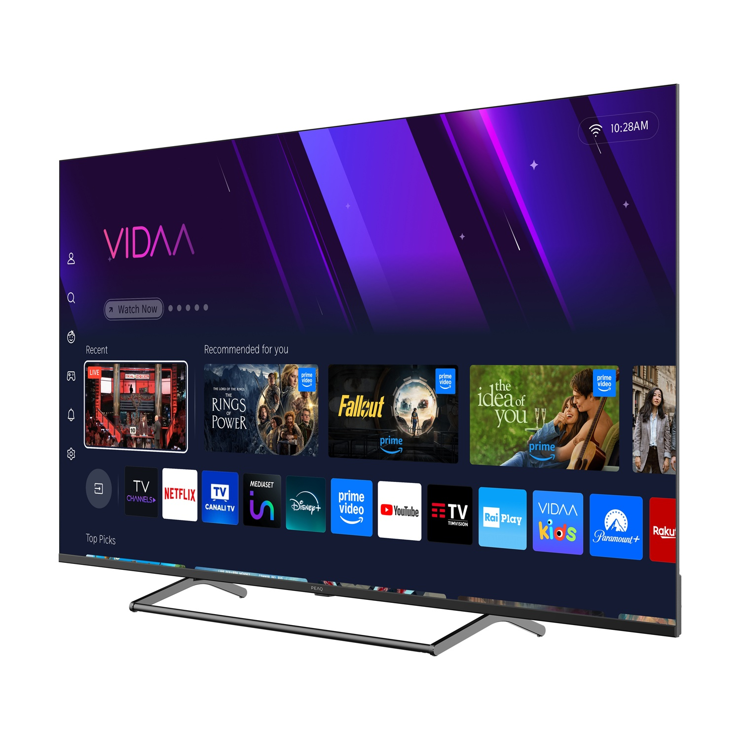 Una TV moderna mostra l'interfaccia VIDAA. Programmi e app visibili. L'ora è 10:28. La TV è su un supporto metallico.
