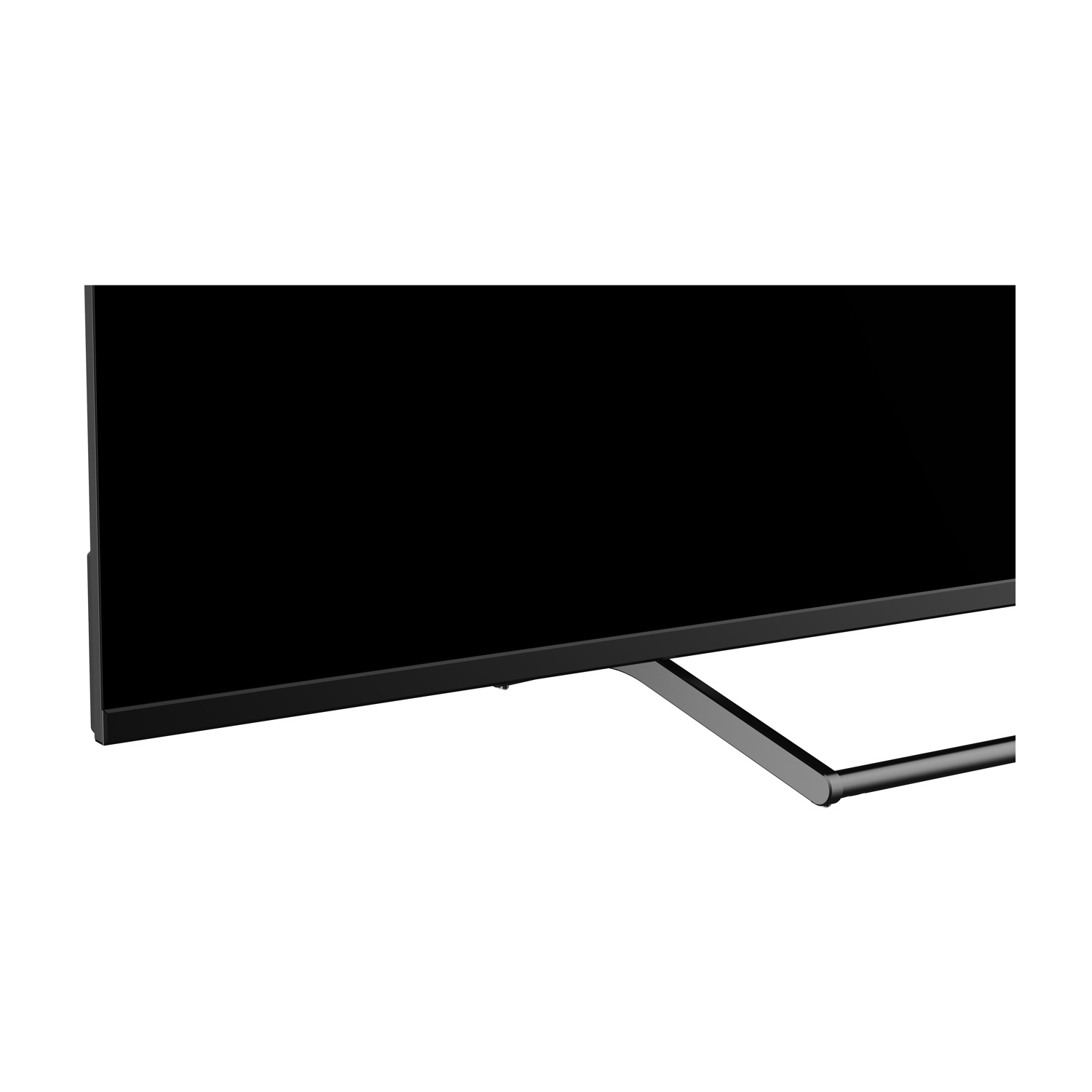 Vista ravvicinata di una TV nera con supporto. Lo schermo è nero, con un supporto argentato. Lo sfondo è bianco.