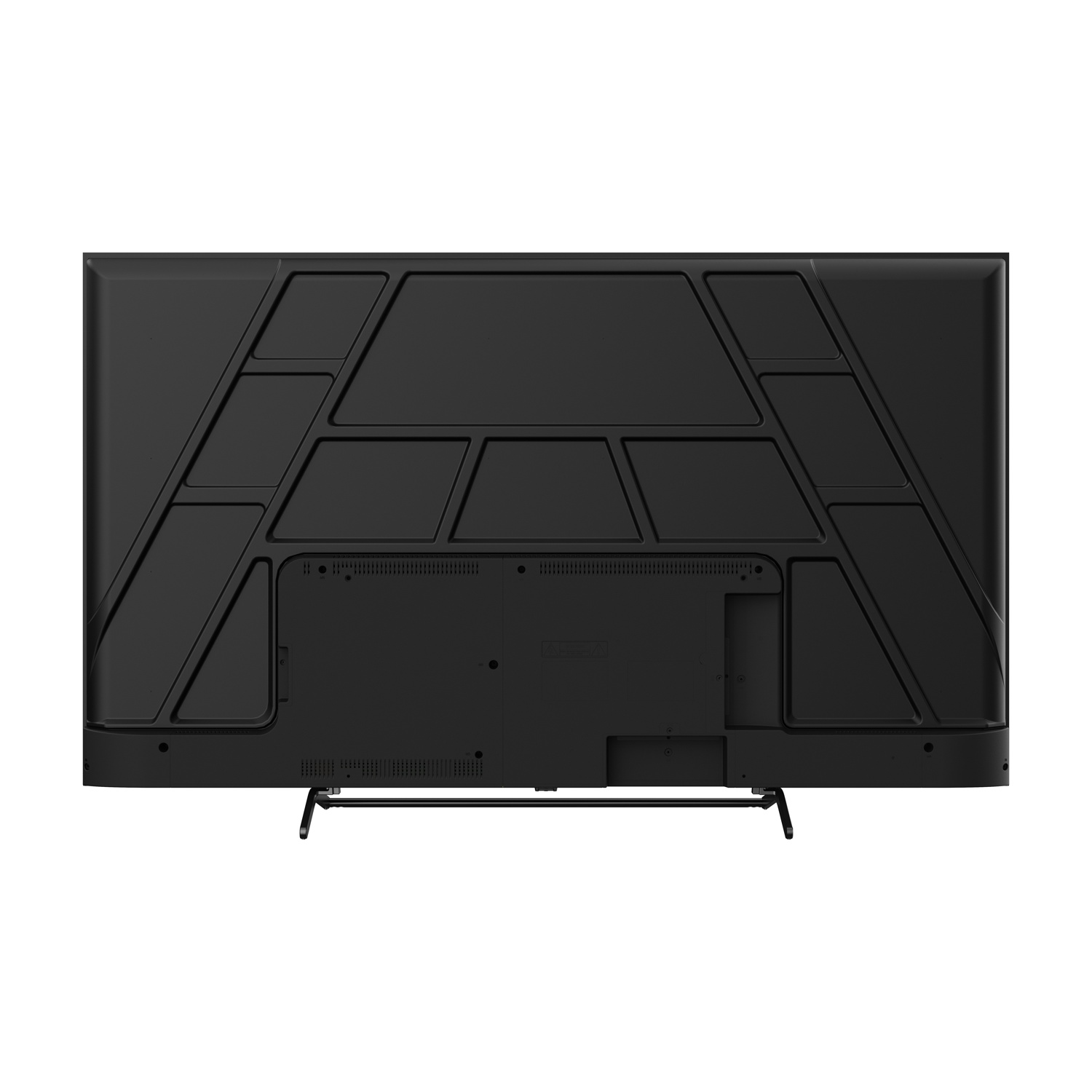È mostrato il retro di un televisore a schermo piatto nero. Ha un design geometrico sul retro e due gambe nere.