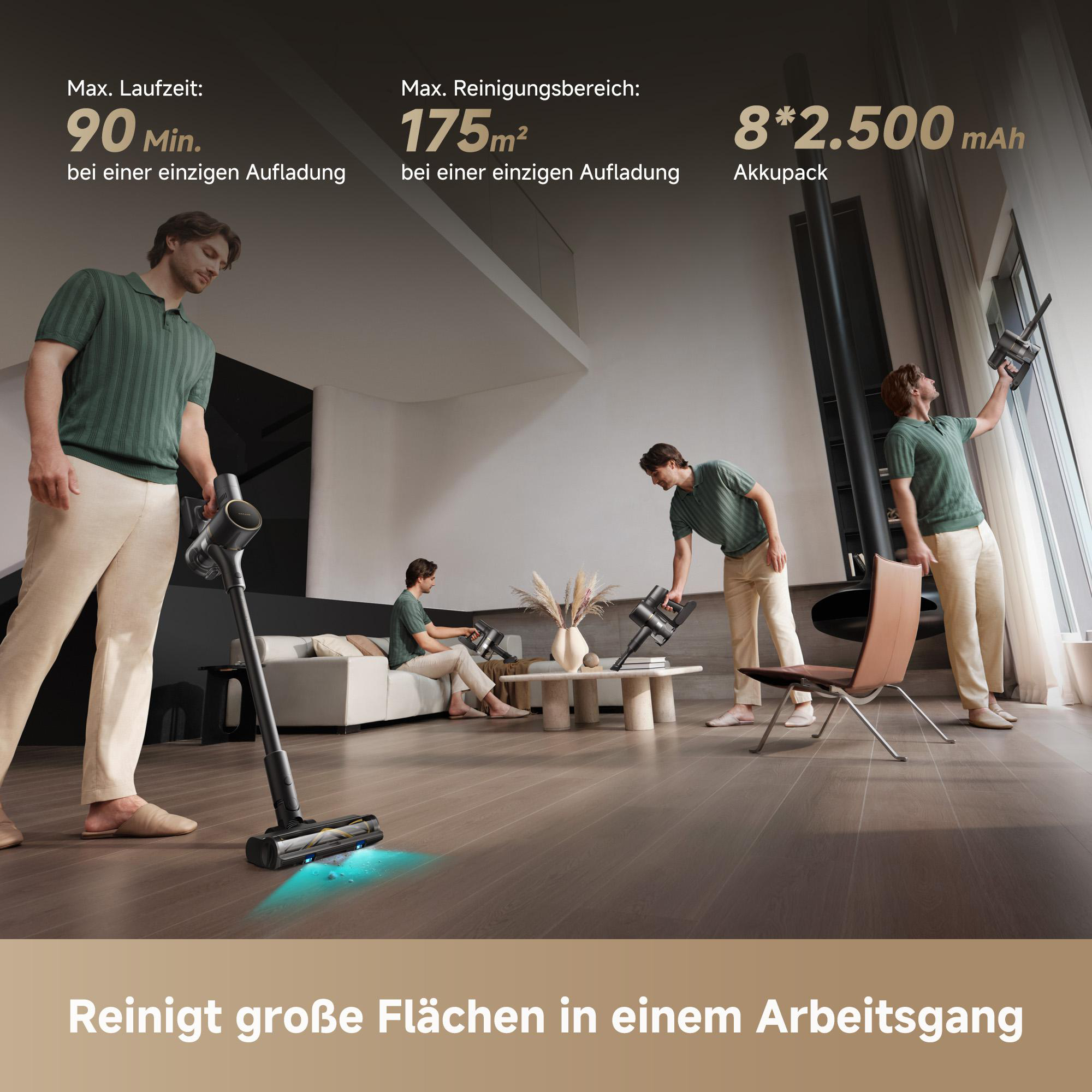 Männer benutzen einen Staubsauger in einem modernen Zuhause. Text zeigt Akkulaufzeit und Reinigungsbereich. Der Boden ist aus Holz.