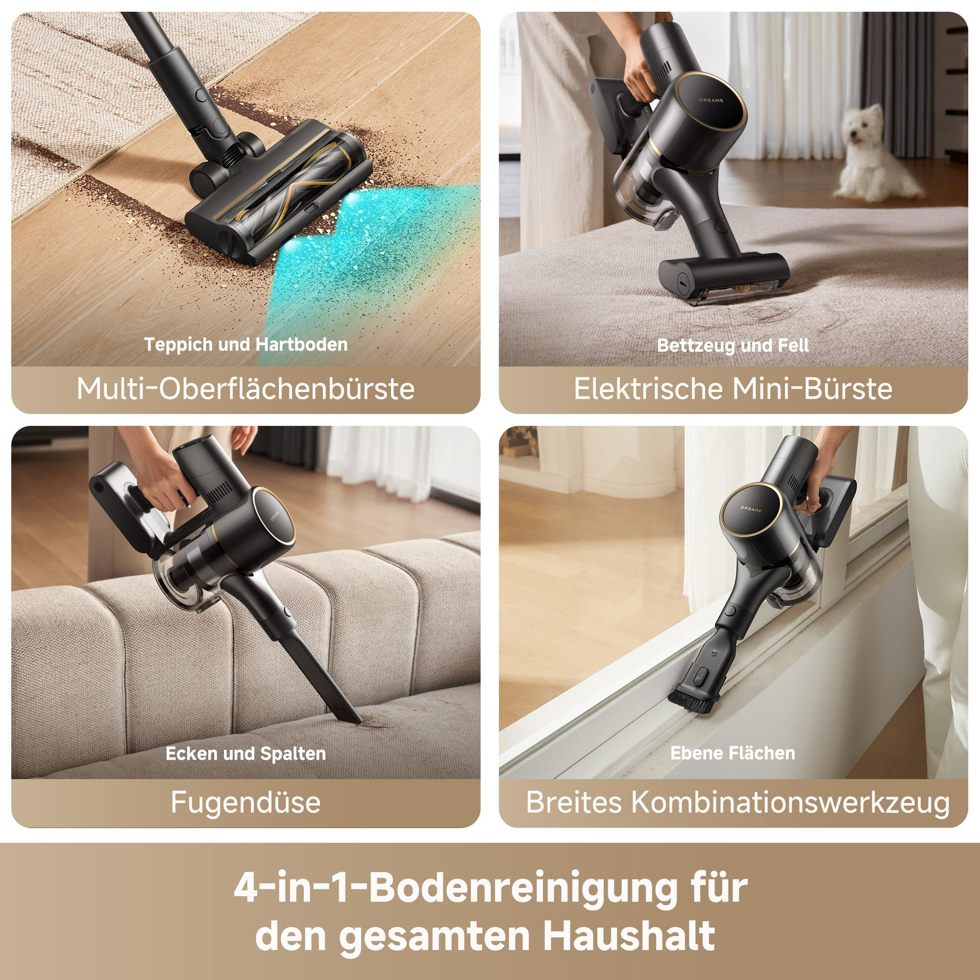 Das Bild zeigt einen Staubsauger mit verschiedenen Aufsätzen. Vier Bilder zeigen den Staubsauger im Einsatz auf verschiedenen Oberflächen.