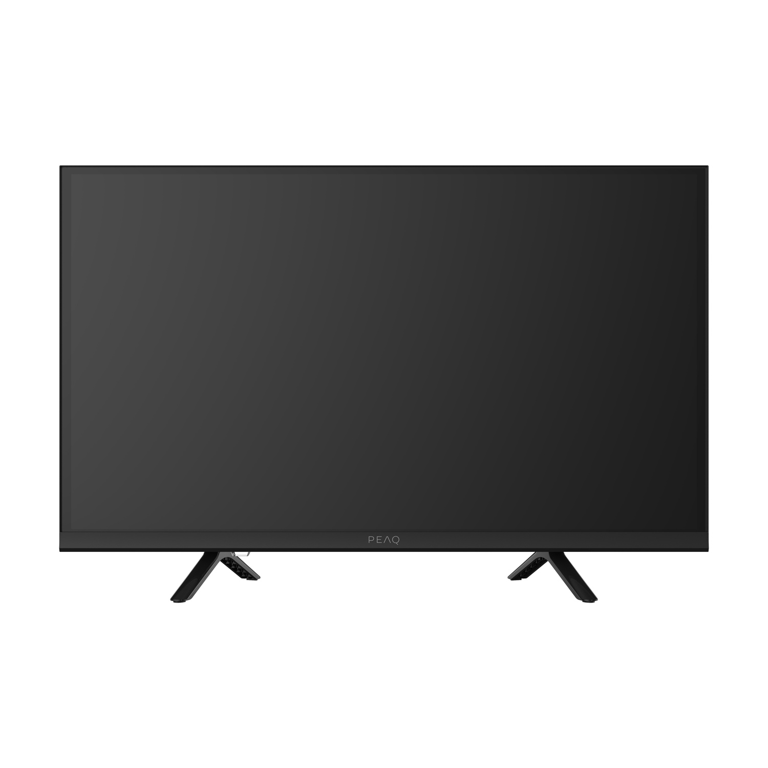 Una TV a schermo piatto nera su sfondo bianco. Ha un supporto con due gambe. Il marchio PEAQ è visibile.