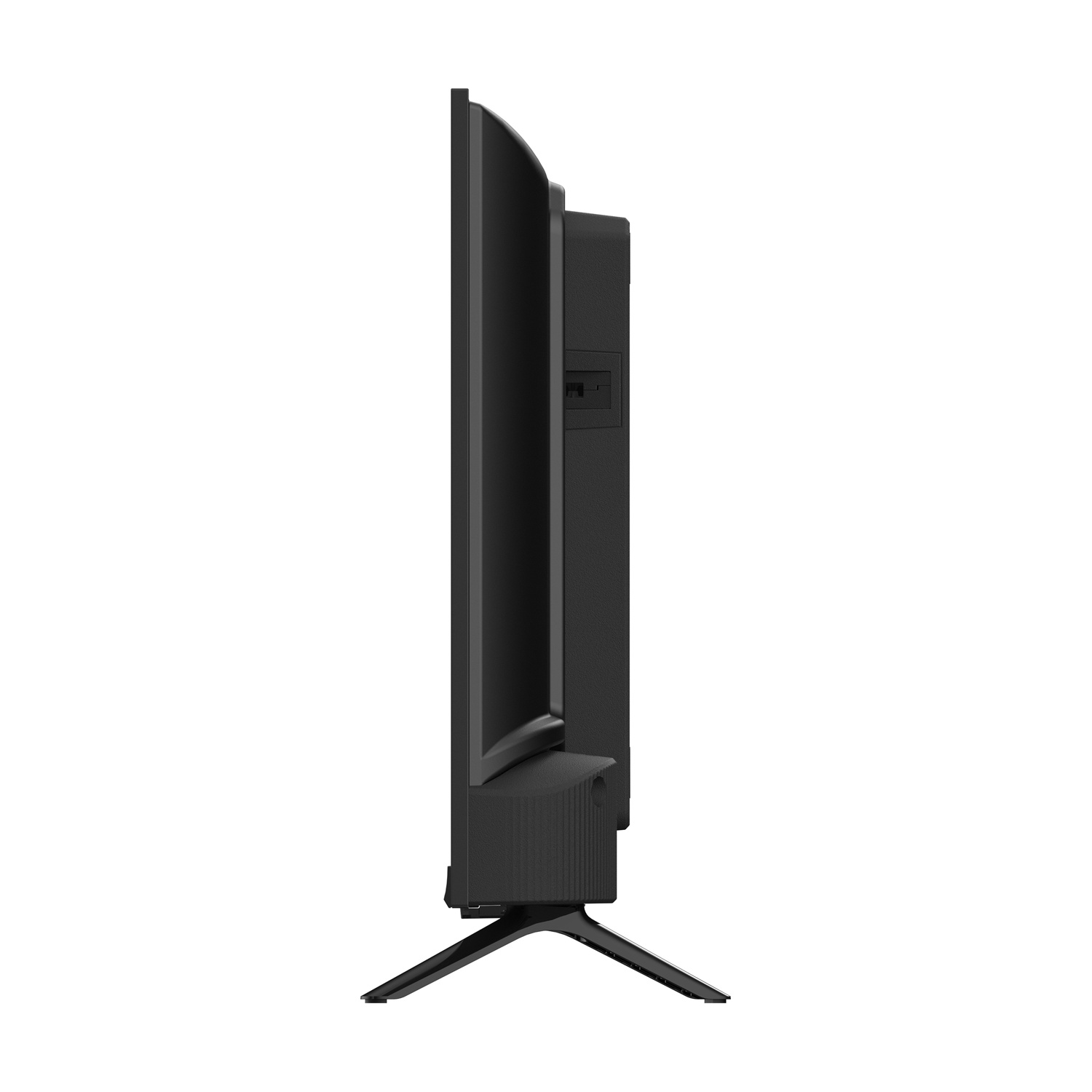 Vista laterale di una TV a schermo piatto nera su sfondo bianco. La TV è montata su un supporto.