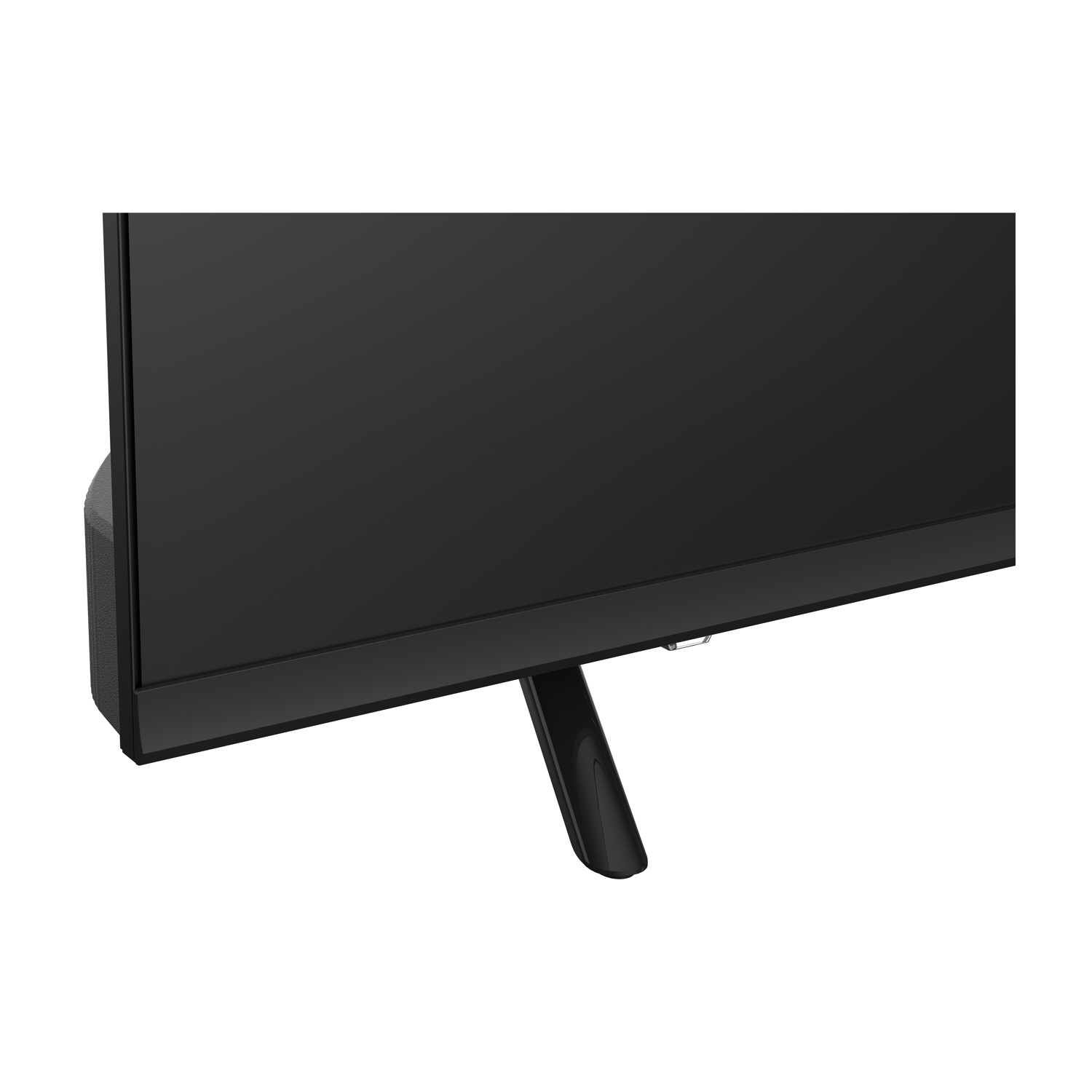 Primo piano di una TV nera con supporto. Lo schermo è nero, con base e gamba di supporto nere.
