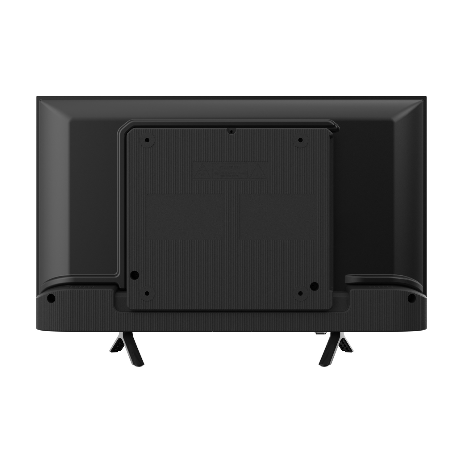 È mostrato il retro di una televisione nera, con punti di montaggio, un pannello centrale e due piccole gambe angolate.