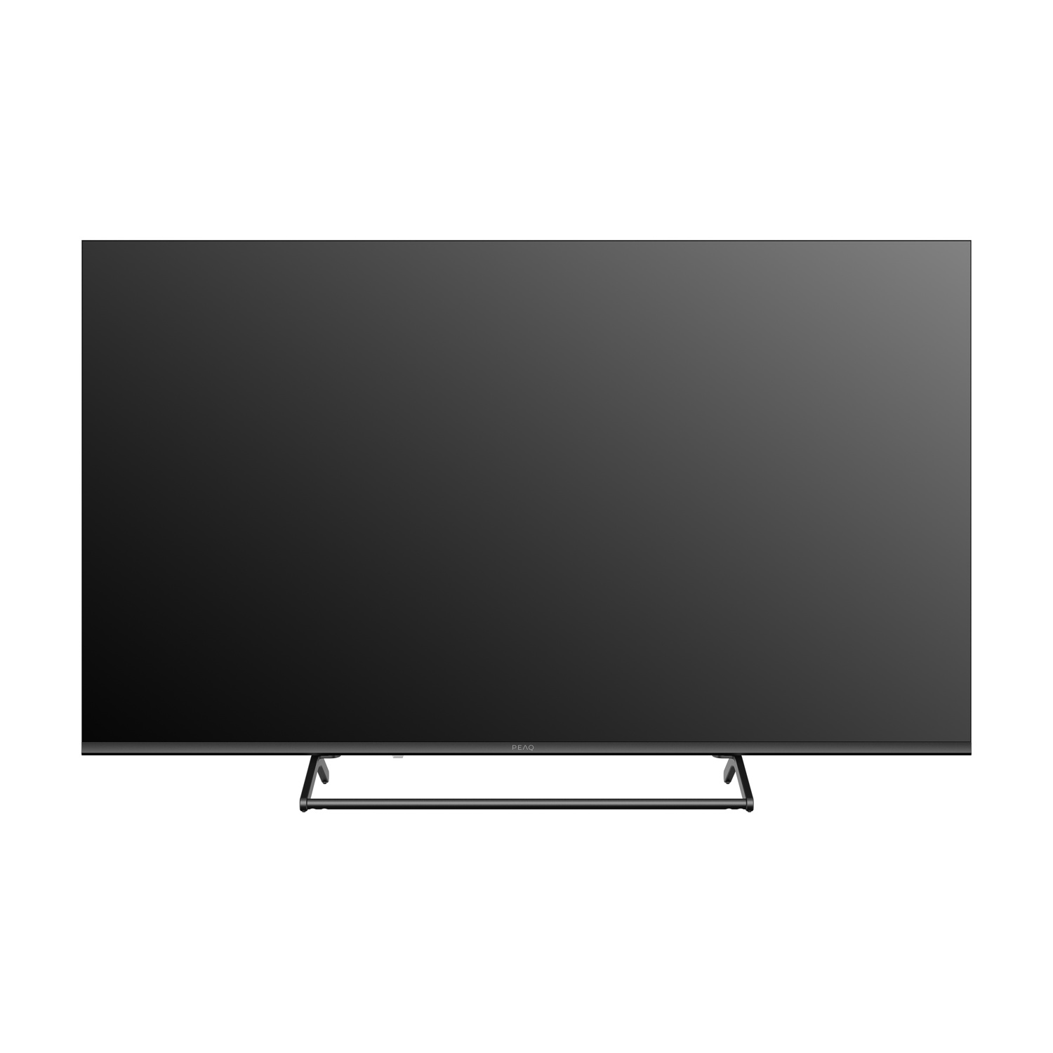 Un grande televisore a schermo piatto nero con un supporto minimalista su sfondo bianco. Il marchio PEAQ è visibile.