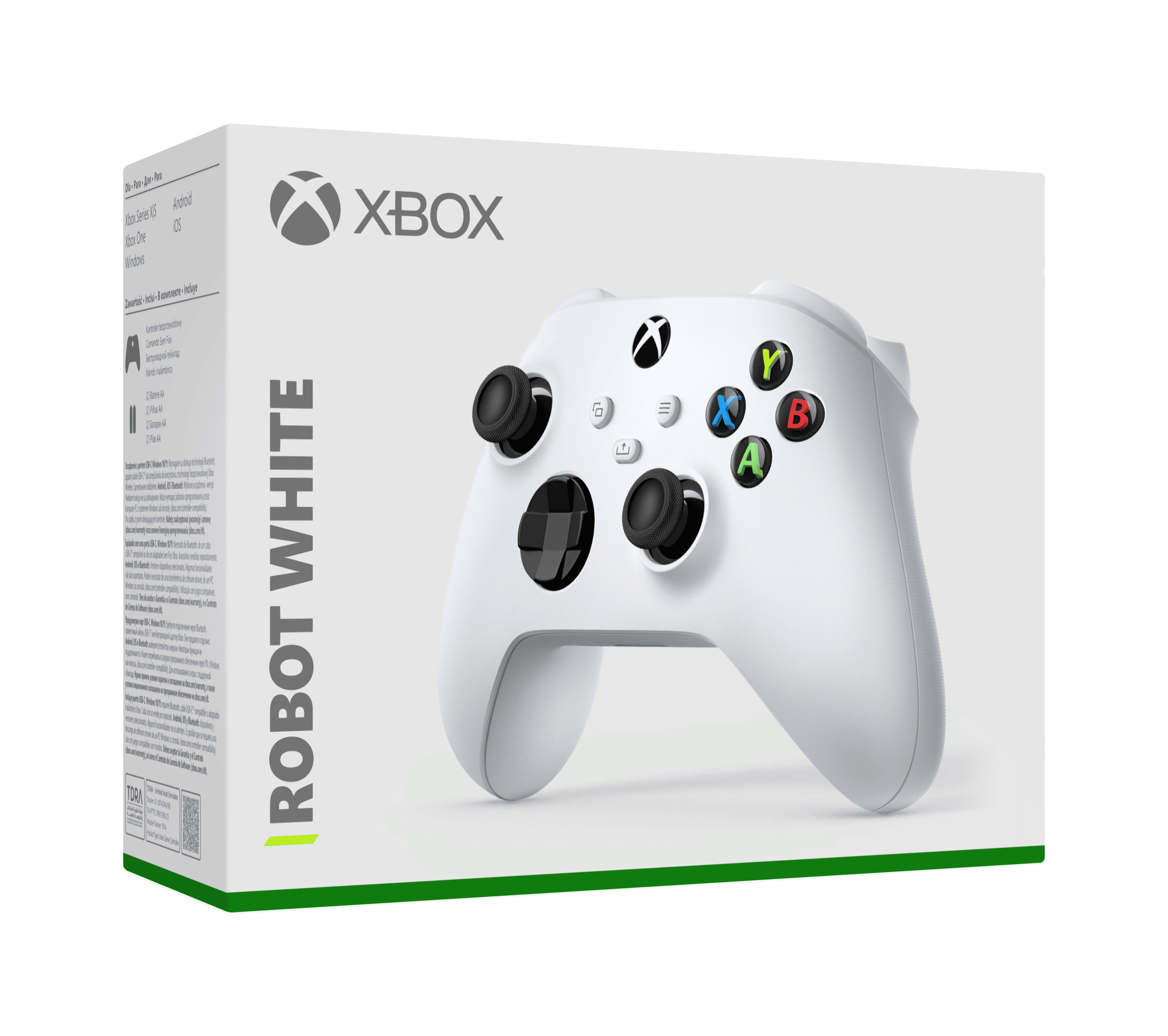 Mando Xbox blanco en su caja. La caja es blanca con detalles verdes y tiene texto.