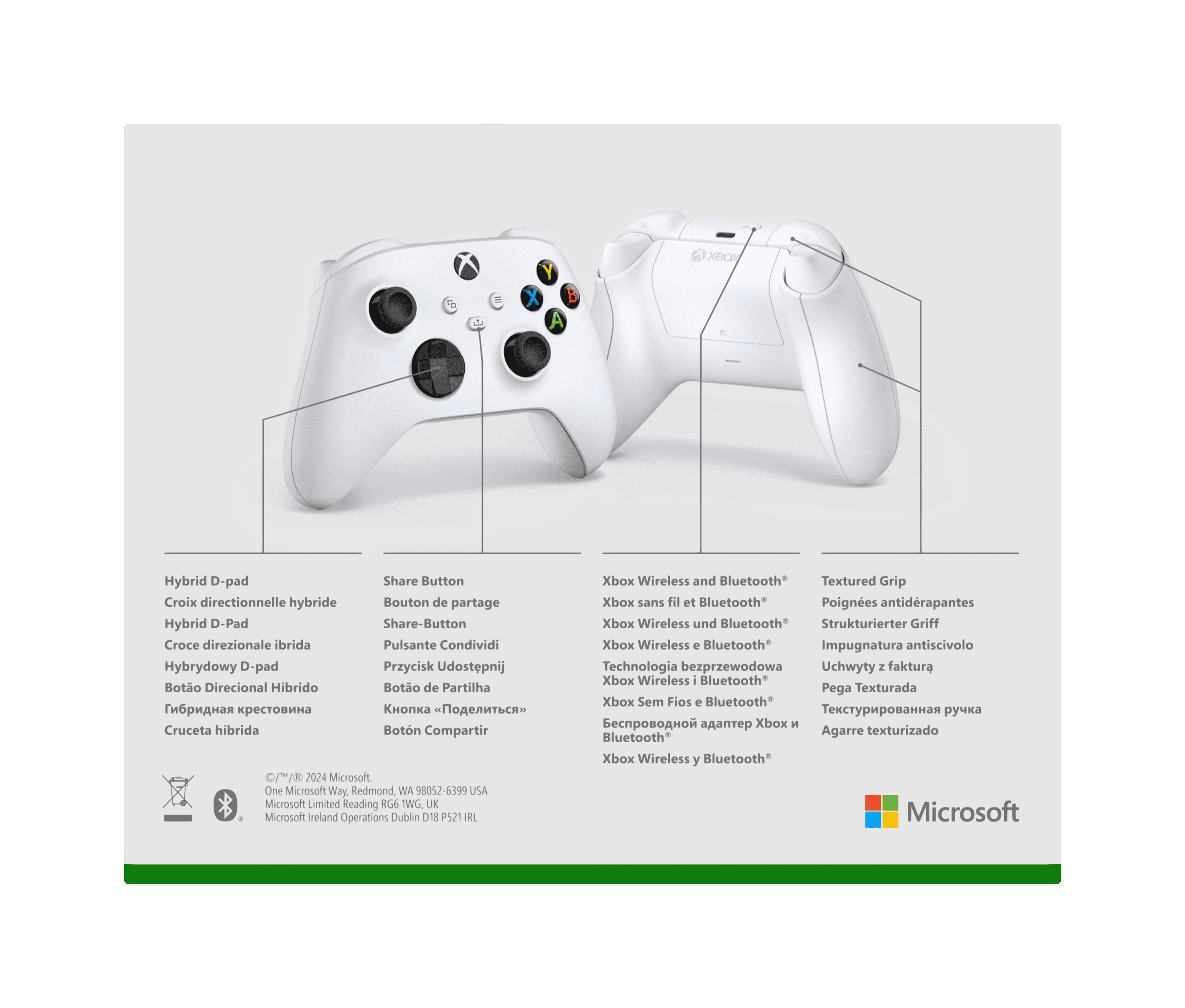 Mando Xbox blanco con botones negros y botones de acción de colores sobre fondo blanco.