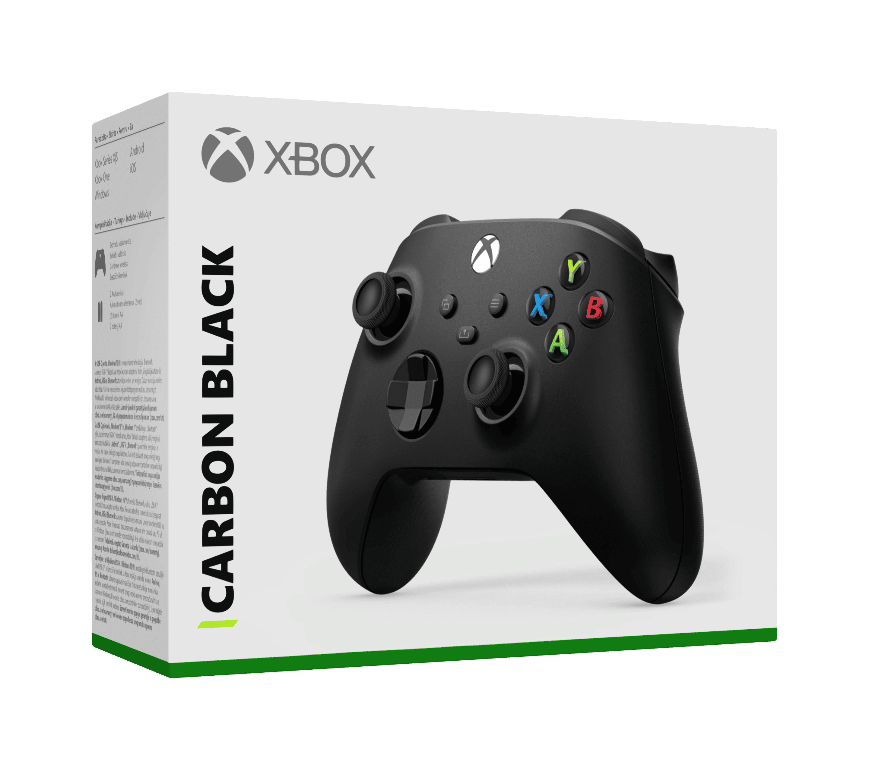 Mando Xbox Carbon Black en su caja. La caja es blanca con detalles verdes, el mando es negro.