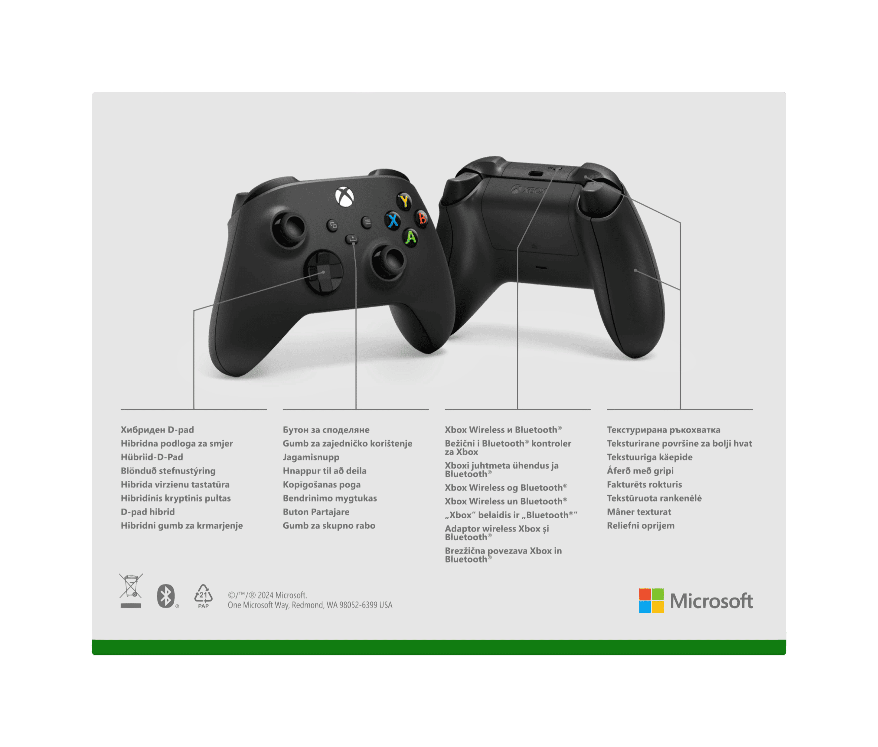 Dos mandos Xbox negros uno al lado del otro sobre un fondo blanco, con descripciones de texto debajo.