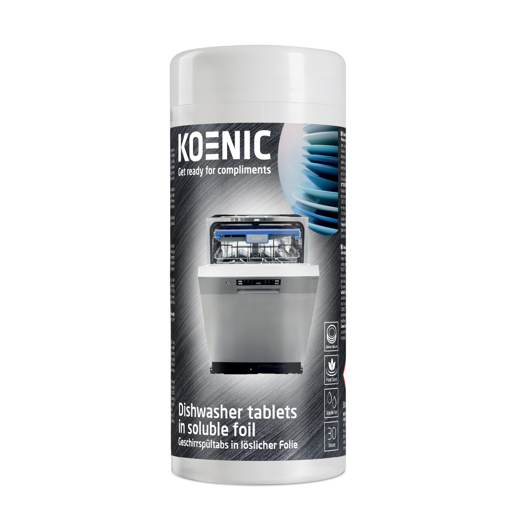 Eine weiße Flasche mit KOENIC Geschirrspültabletten. Das Etikett zeigt eine Spülmaschine und Text. Der Hintergrund ist grau.