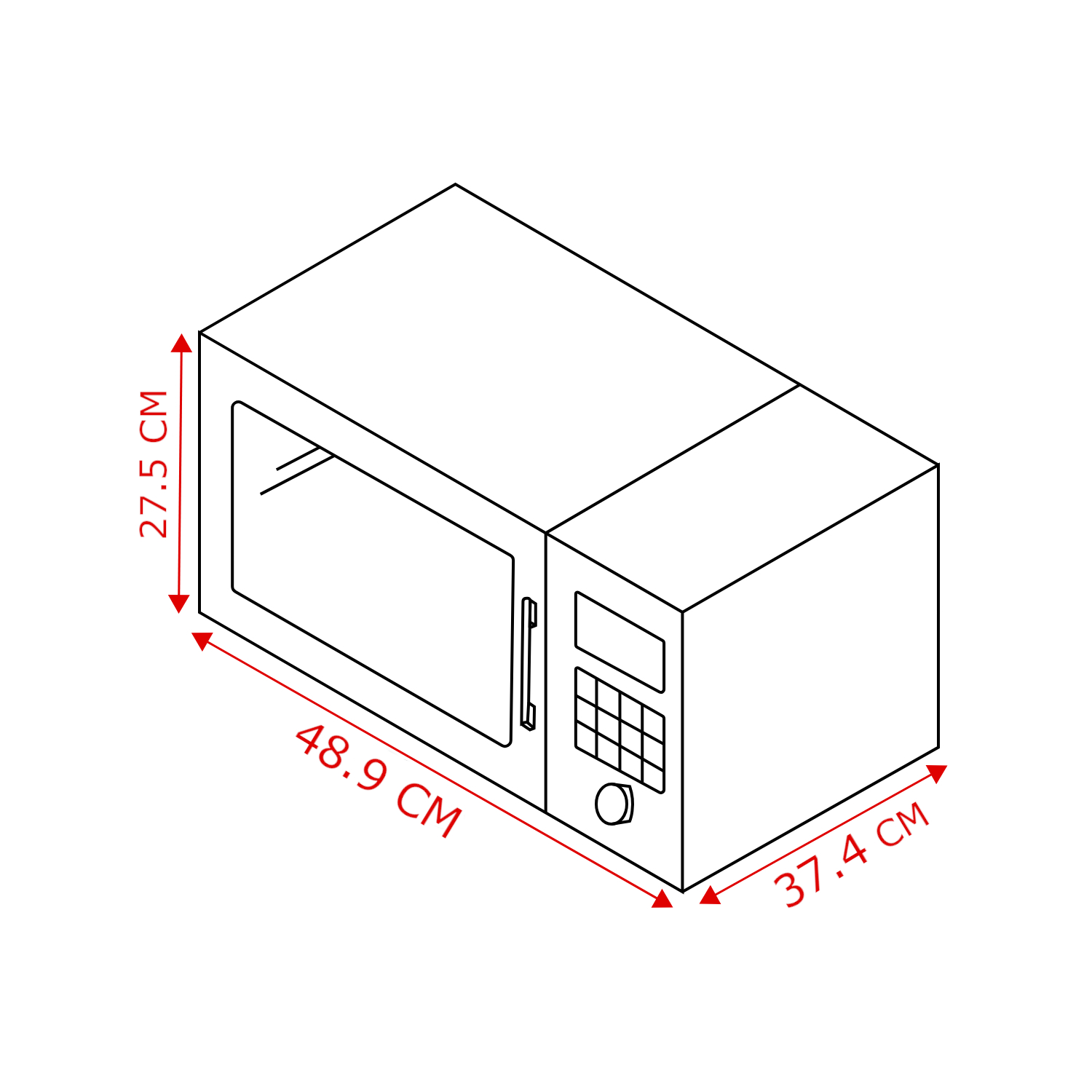 Een isometrische schets van een magnetron, met afmetingen: 27,5 cm hoog, 48,9 cm breed en 37,4 cm diep.