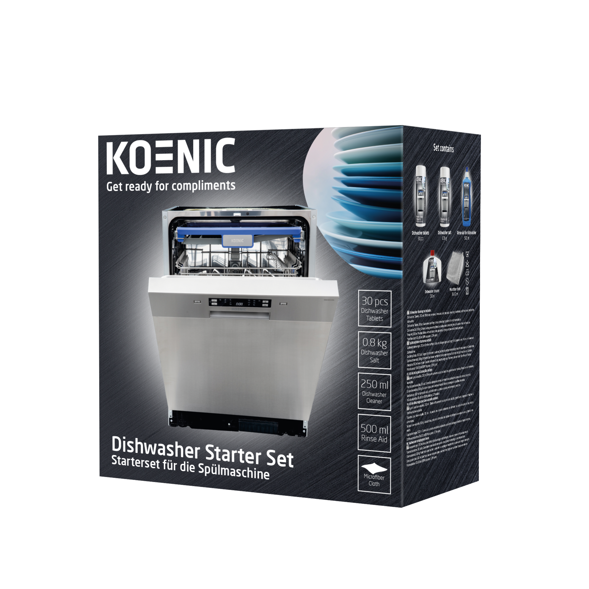 Geschirrspüler-Starter-Kit-Box. Enthält Geschirrspüler, Tabletten, Salz, Reiniger, Klarspüler und ein Mikrofasertuch.