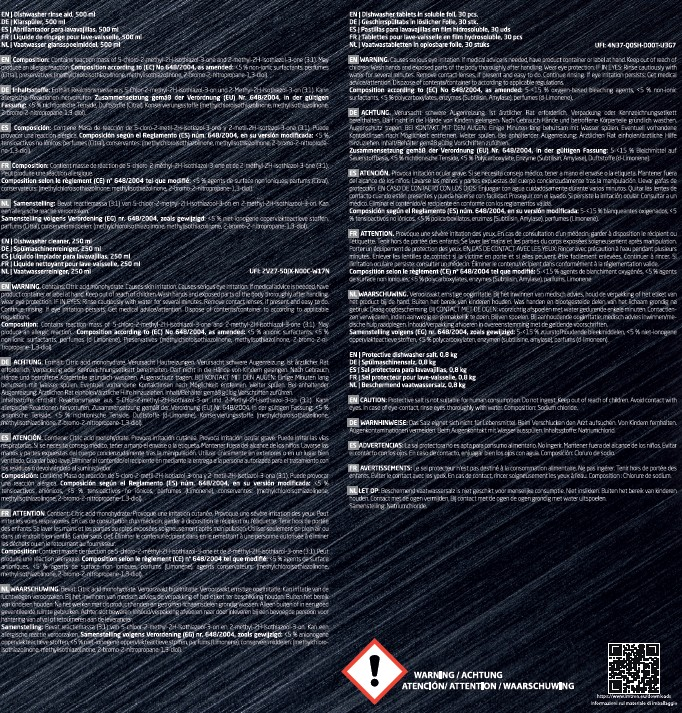 Das Bild zeigt Produktinformationen und Warnhinweise in mehreren Sprachen auf dunklem Hintergrund.
