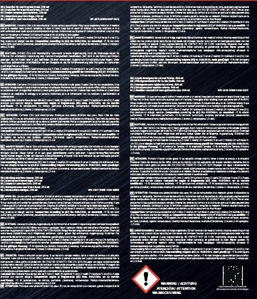 Ein schwarz-weißes Dokument mit Text, unterteilt in Spalten. Am unteren Rand sind ein Gefahrensymbol und ein Logo zu sehen.