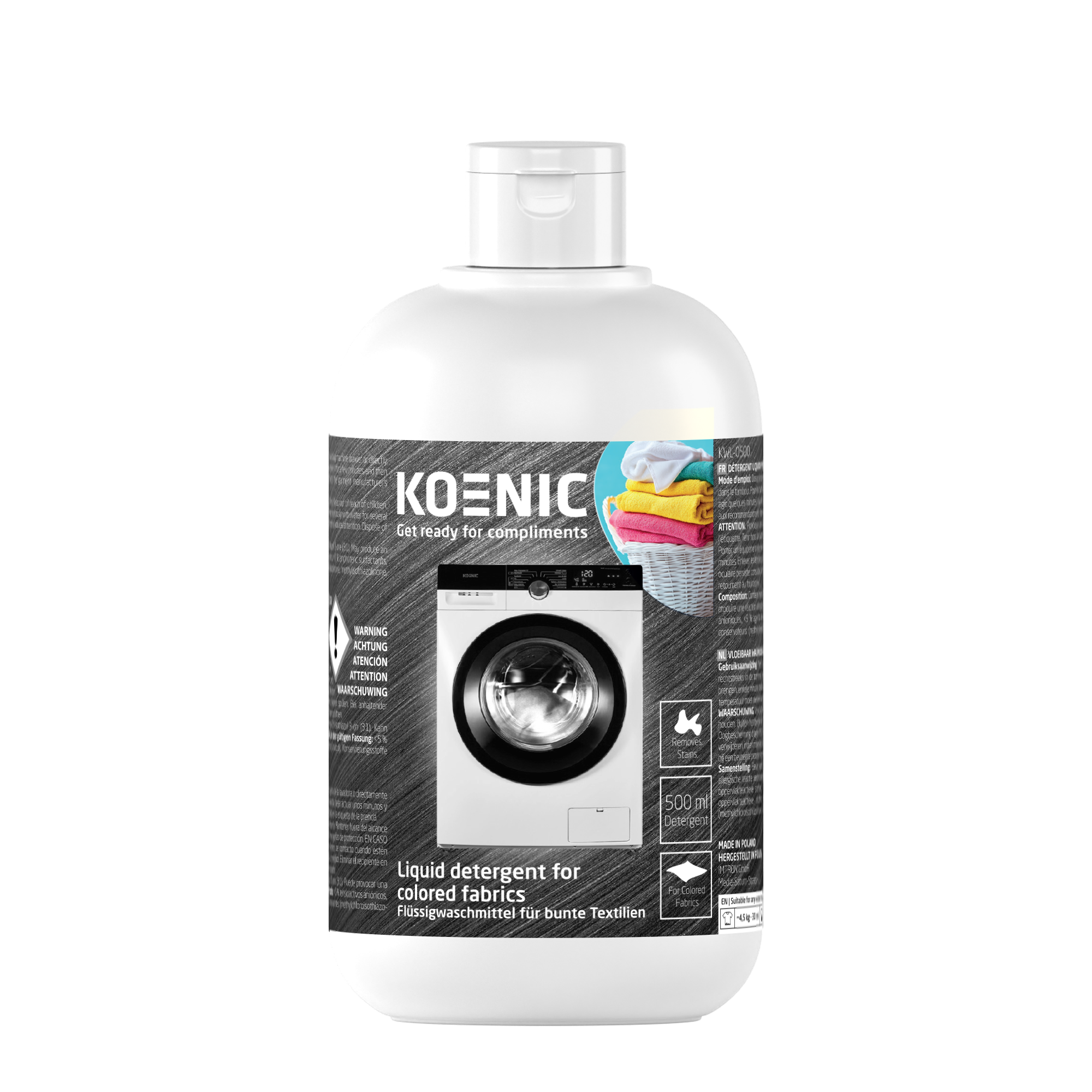 Weiße Flasche Koenic Flüssigwaschmittel. Es hat ein Waschmaschinenbild und Text für Buntwäsche.
